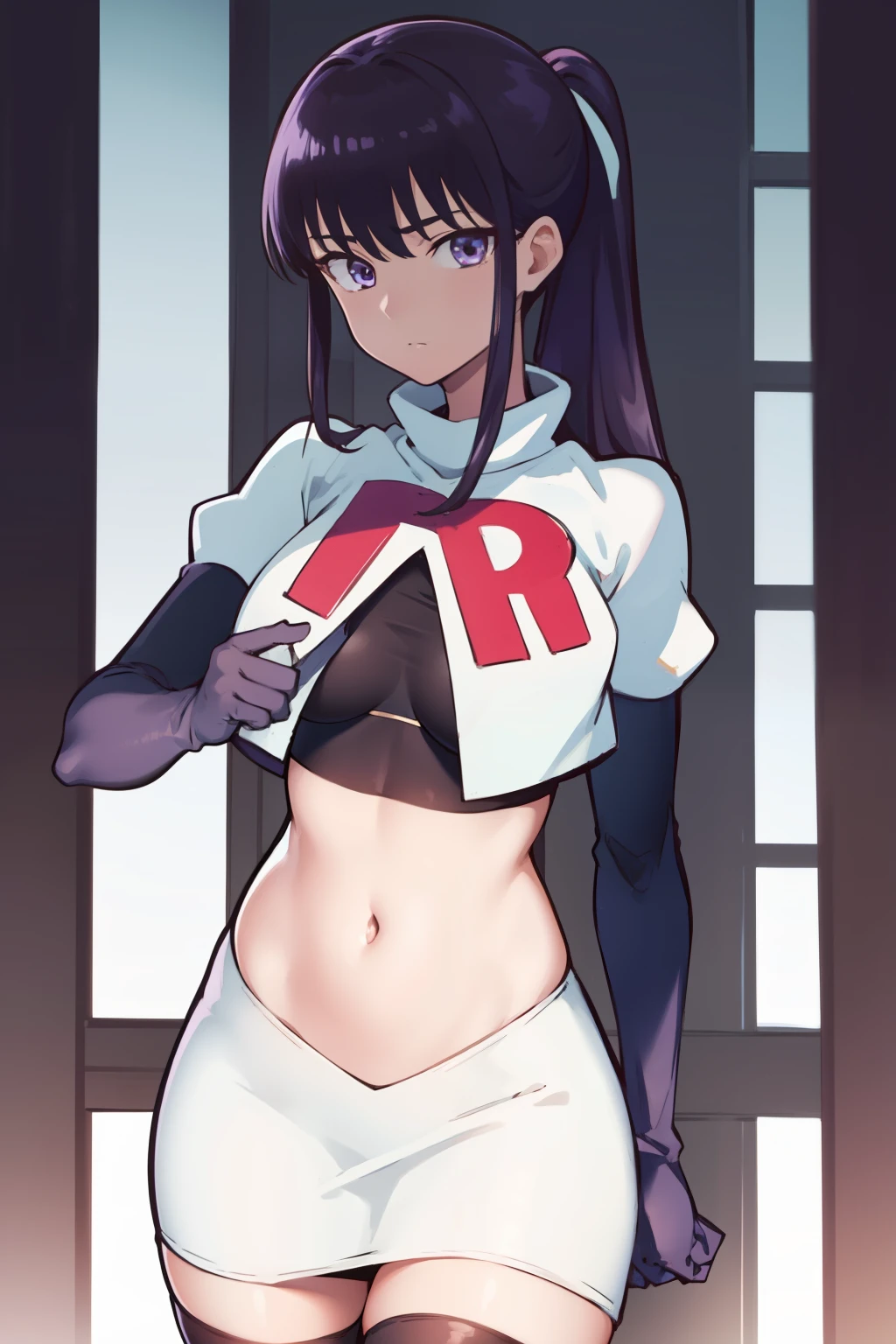akiratachibana, akira tachibana, long hair, bangs, black hair, (purple eyes:1.1),
BREAK ponytail, team rocket,team rocket uniform,white skirt,red letter R,crop top,black thigh-highs,black elbow gloves
BREAK looking at viewer,
BREAK (masterpiece:1.2), best quality, high resolution, unity 8k wallpaper, (illustration:0.8), (beautiful detailed eyes:1.6), extremely detailed face, perfect lighting, extremely detailed CG, (perfect hands, perfect anatomy),