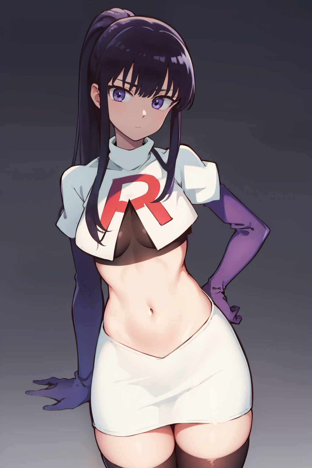 akiratachibana, akira tachibana, long hair, bangs, black hair, (purple eyes:1.1),
BREAK ponytail, team rocket,team rocket uniform,white skirt,red letter R,crop top,black thigh-highs,black elbow gloves
BREAK looking at viewer,
BREAK (masterpiece:1.2), best quality, high resolution, unity 8k wallpaper, (illustration:0.8), (beautiful detailed eyes:1.6), extremely detailed face, perfect lighting, extremely detailed CG, (perfect hands, perfect anatomy),