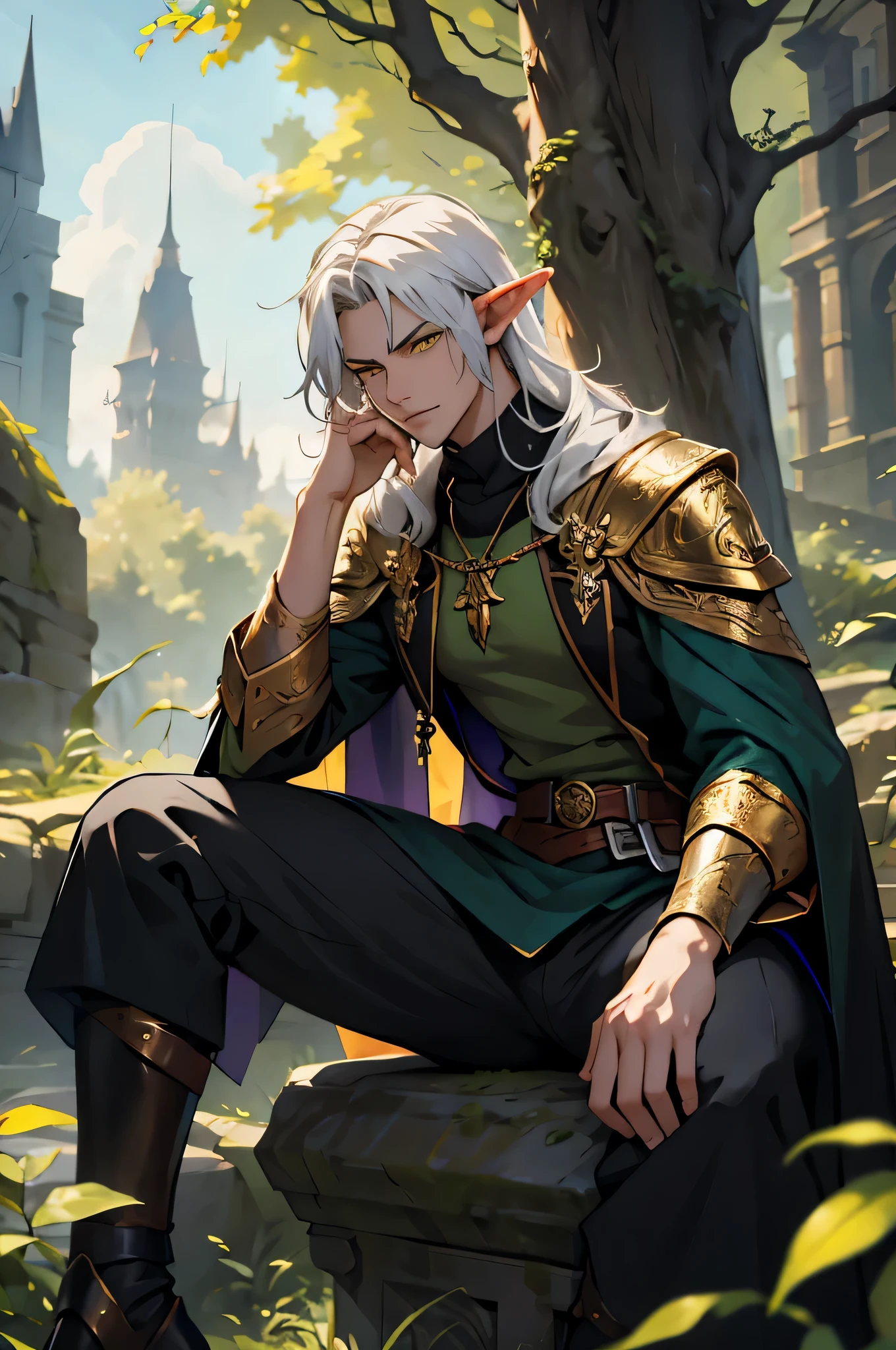 masterpiece, Male, fantasy, High elf, long messy silver hair, Yellow eyes, cloak made of leaf, golden accents, green business suit, purple shirt, dynamic angle, dynamic pose, best quality, ultra-detailed, sword in left hand, druid outfit style, skinny, slim, 24 years old, Raven sitting on right shoulder, green necklace, staring down at camera, 2 arms, dark pants