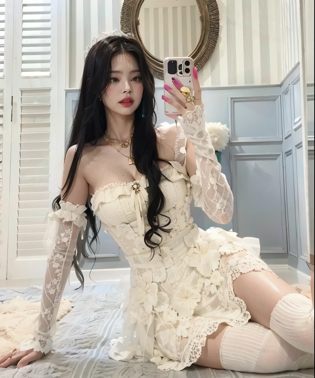 Jennie arranhada com vestido e luvas brancas segurando um celular, Angelawhite, ava max, 2 2 anos, with hat, 21 anos, 18 anos, basia tran | |, , angie lobo, Sakimichan, Amouranto, Cara sexy, Boa , Yelena Belova, 2 3 anos, jennie blackpink