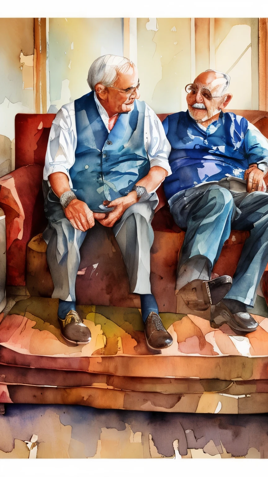 front shot of 2 hispanic old man sitting in the couch, livingroom, watercolor style, watercolor painting, masterpiece, master piece, perfect composition, professional stroke