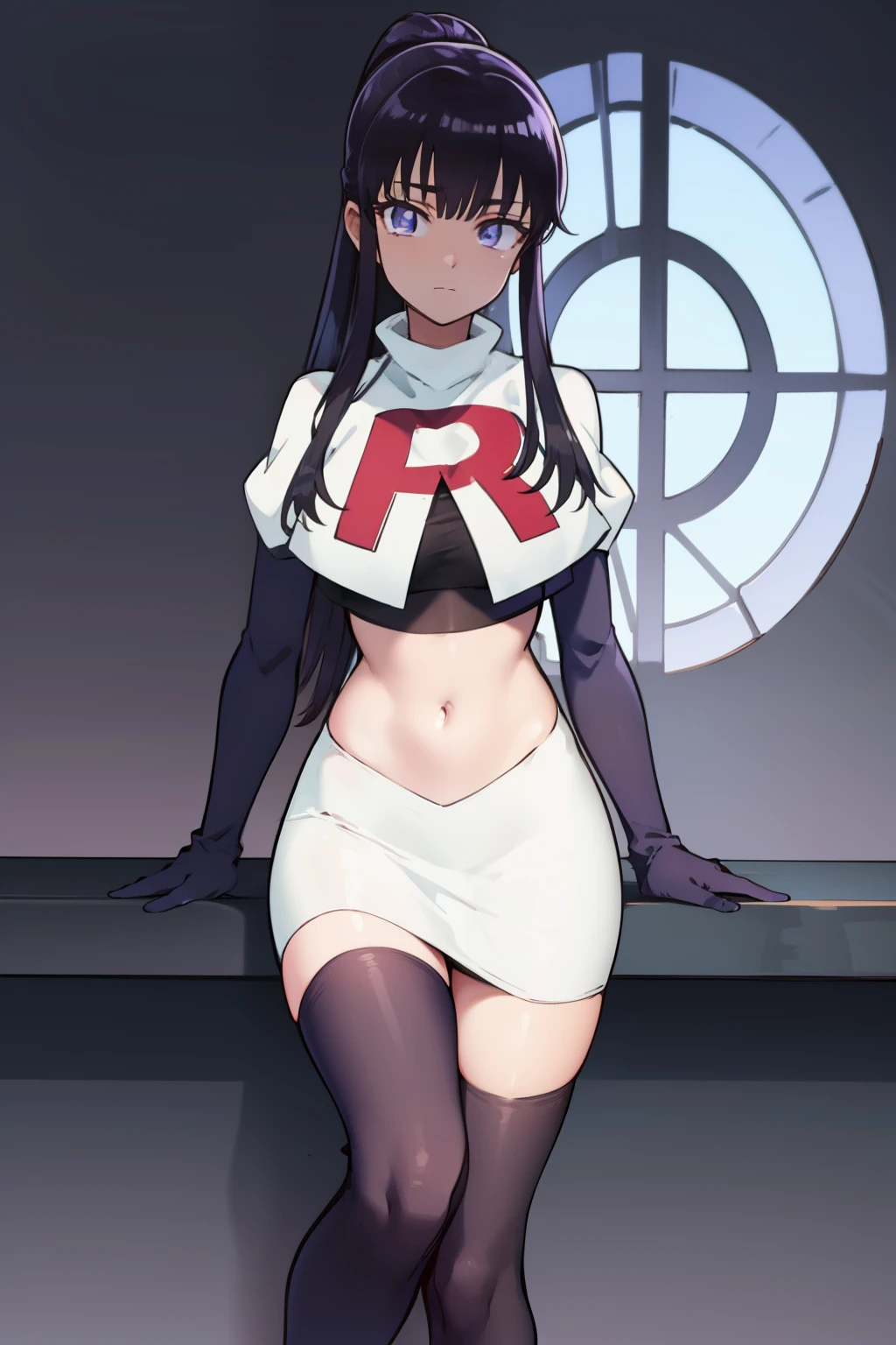 akiratachibana, akira tachibana, long hair, bangs, black hair, (purple eyes:1.1),
BREAK ponytail, team rocket,team rocket uniform,white skirt,red letter R,crop top,black thigh-highs,black elbow gloves
BREAK looking at viewer,
BREAK (masterpiece:1.2), best quality, high resolution, unity 8k wallpaper, (illustration:0.8), (beautiful detailed eyes:1.6), extremely detailed face, perfect lighting, extremely detailed CG, (perfect hands, perfect anatomy),