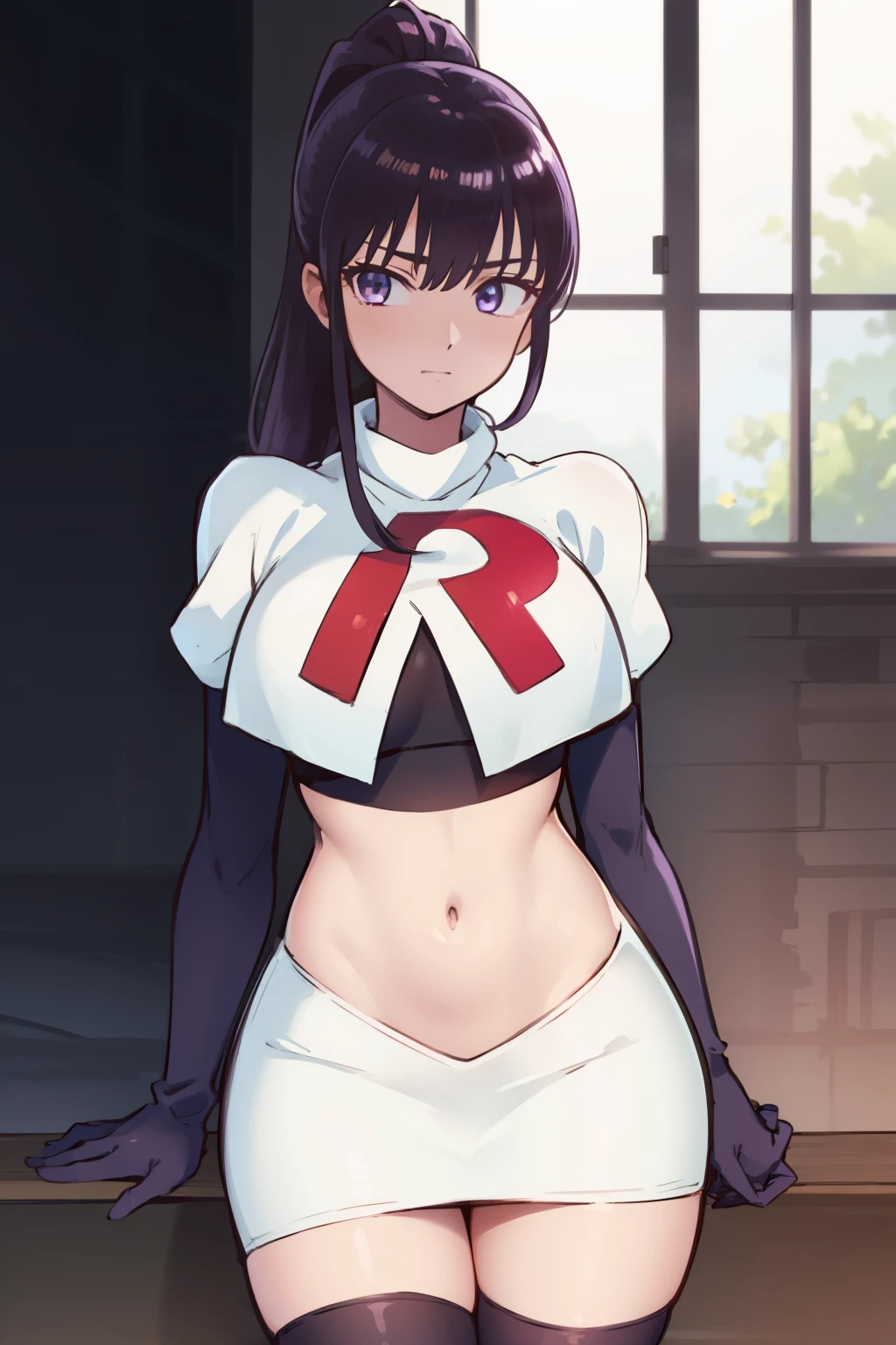 akiratachibana, akira tachibana, long hair, bangs, black hair, (purple eyes:1.1),
BREAK ponytail, team rocket,team rocket uniform,white skirt,red letter R,crop top,black thigh-highs,black elbow gloves
BREAK looking at viewer,
BREAK (masterpiece:1.2), best quality, high resolution, unity 8k wallpaper, (illustration:0.8), (beautiful detailed eyes:1.6), extremely detailed face, perfect lighting, extremely detailed CG, (perfect hands, perfect anatomy),