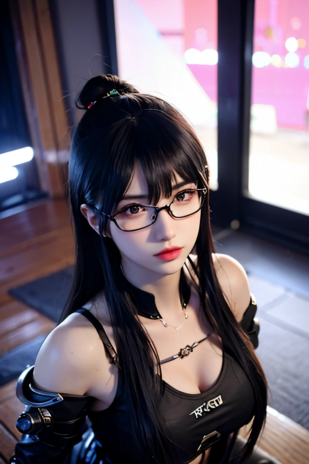 in cyberpunk city, cyberpunk photo, cyberpunk 2 0 y. o model girl, in a futuristic cyberpunk city, female, in a cyberpunk city, cyberpunk beautiful girl, in cyberpunk style, cyberpunk girl, futuristic cyberpunk tokyo night, at cyberpunk city, (tmasterpiece、4k resolution、ultra-realistic realism、The is very detailed), "Full and juicy lips, mesmerizing wide eyes, a defined jawline, and high cheekbones. A perfectly symmetrical face with distinct features.", wearing glasses, Japaneses, Irelia from league of legends, red-haired