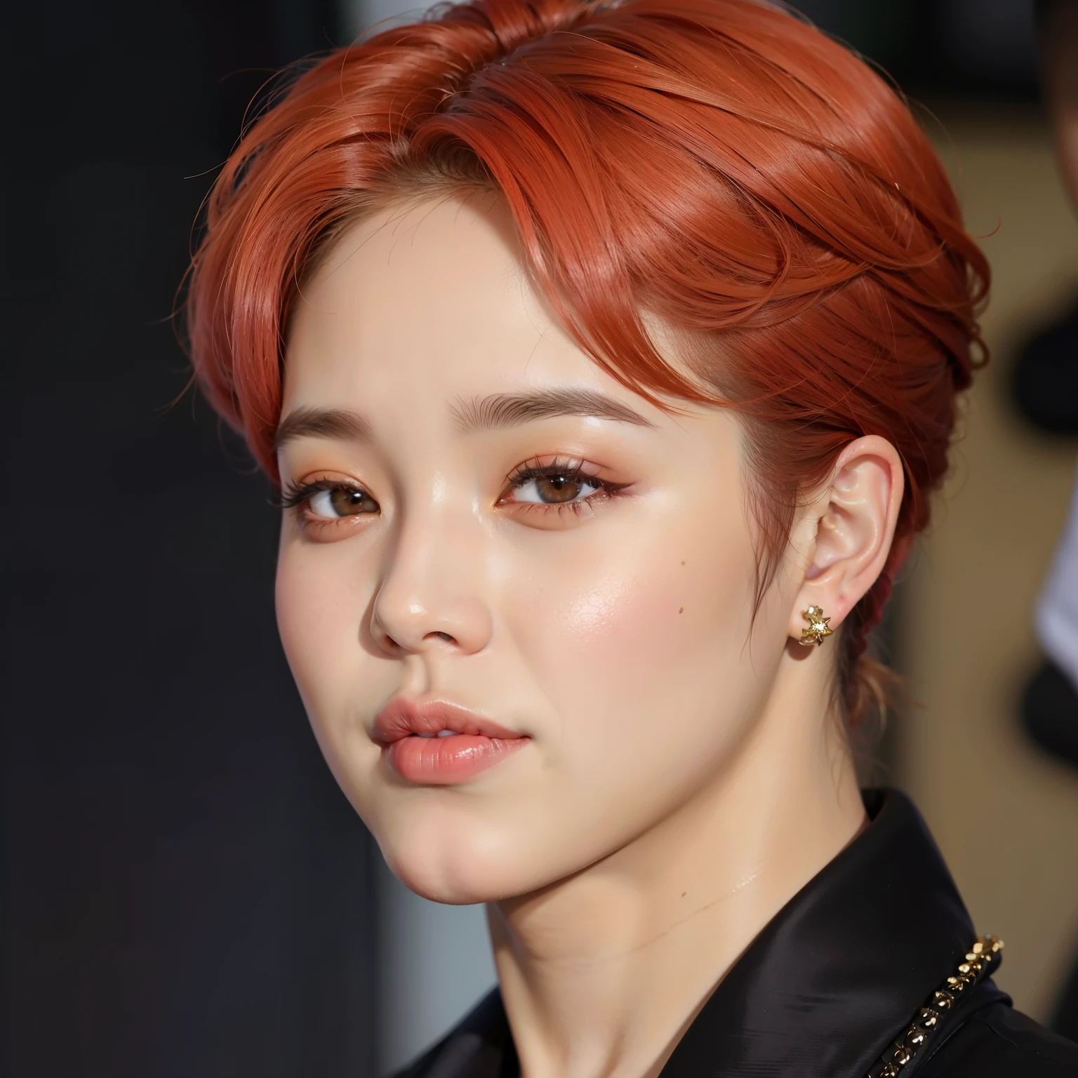 um close up de uma pessoa com um cabelo vermelho e uma jaqueta preta, Jimin\the full lips, Jimin\the right eyelid is swollen, Jimin\o nariz grego, Jimin, park Jimin, accurate Jimin face, Jung Jaehyun, BTS, Yoongi de cabelo preto, Jungkook, taken at the beginning of 2020, hyung tae, kpop idol portrait