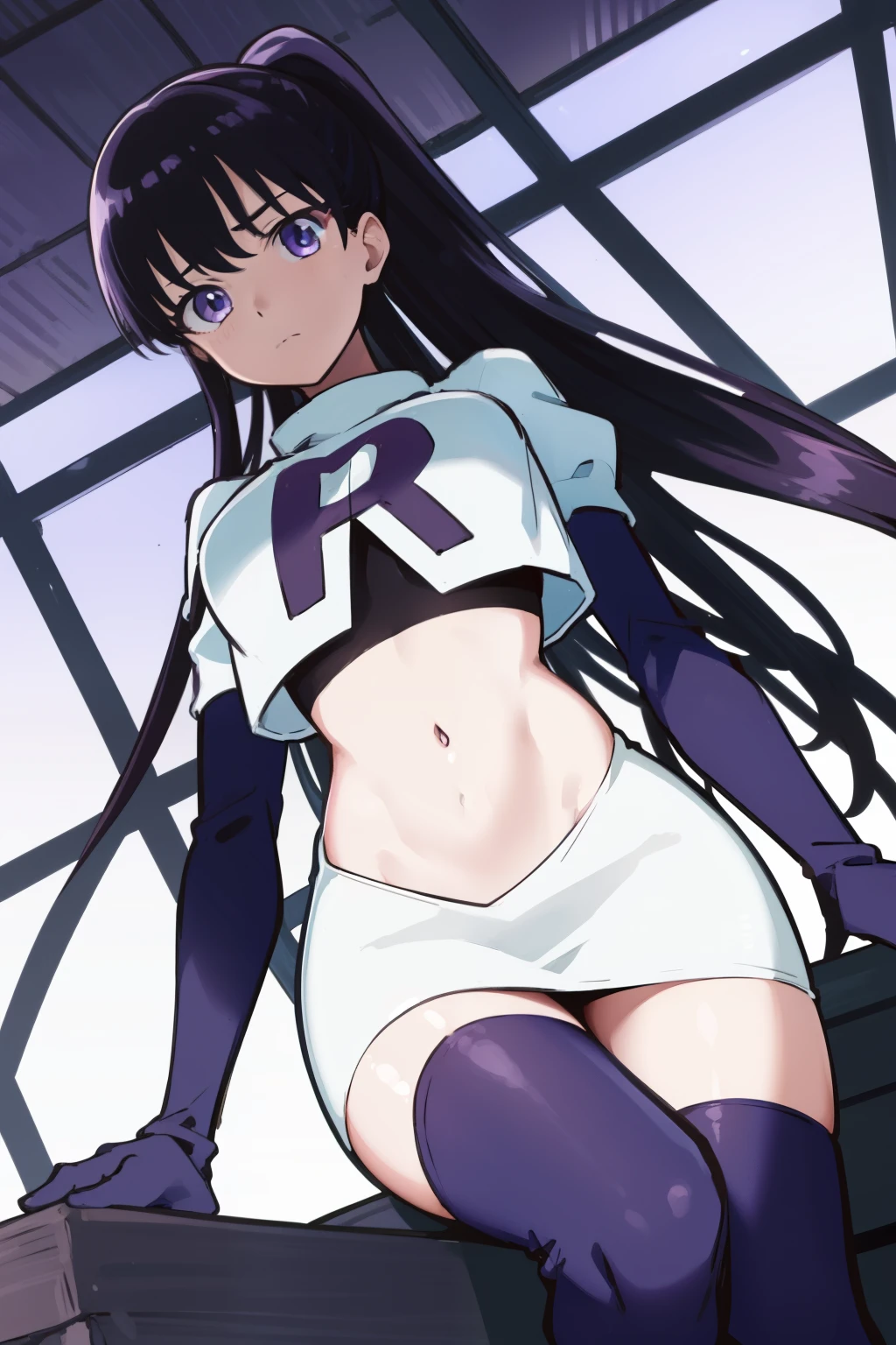 akiratachibana, akira tachibana, long hair, bangs, black hair, (purple eyes:1.1),
BREAK ponytail, team rocket,team rocket uniform,white skirt,red letter R,crop top,black thigh-highs,black elbow gloves
BREAK looking at viewer,
BREAK (masterpiece:1.2), best quality, high resolution, unity 8k wallpaper, (illustration:0.8), (beautiful detailed eyes:1.6), extremely detailed face, perfect lighting, extremely detailed CG, (perfect hands, perfect anatomy),