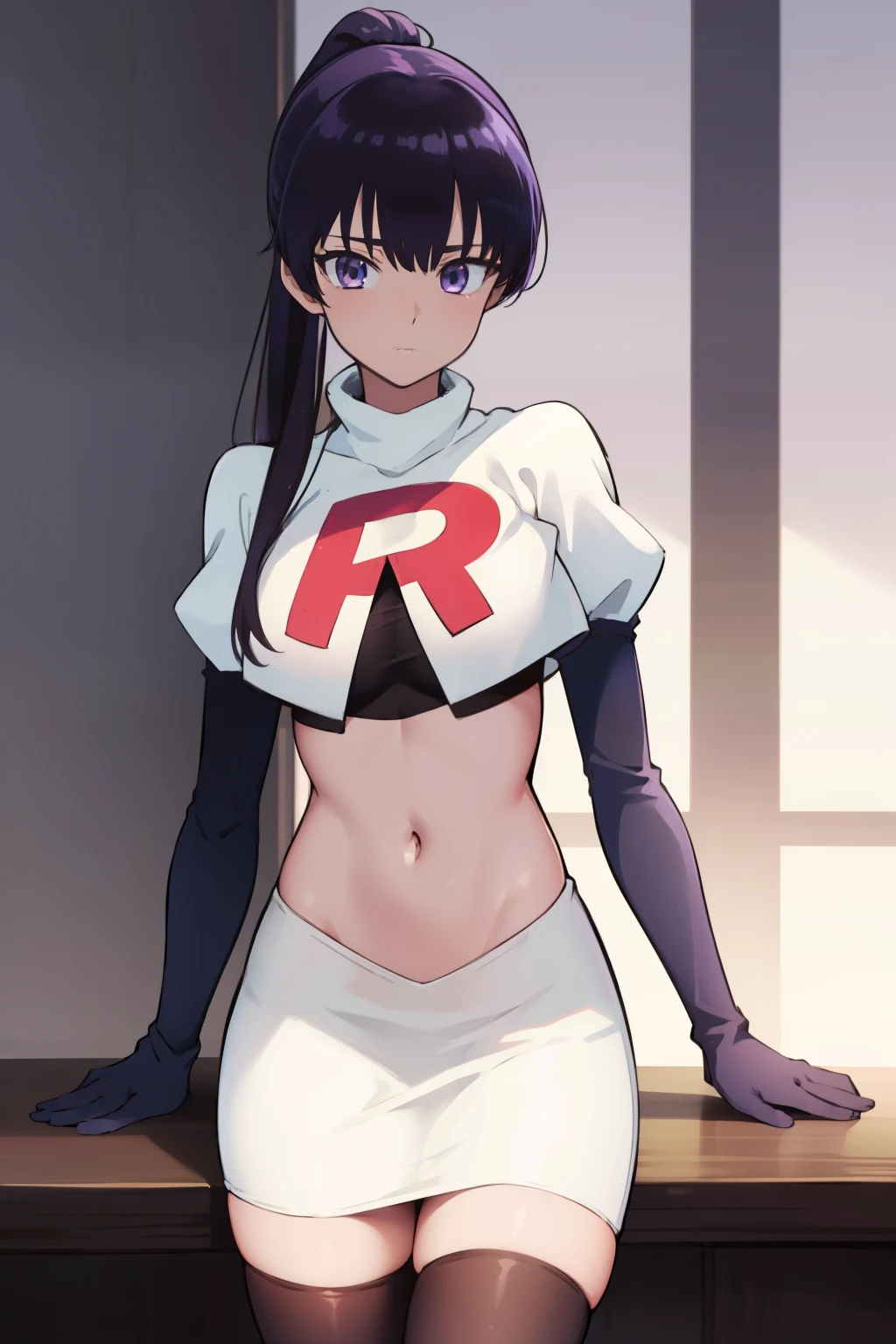 akiratachibana, akira tachibana, long hair, bangs, black hair, (purple eyes:1.1),
BREAK ponytail, team rocket,team rocket uniform,white skirt,red letter R,crop top,black thigh-highs,black elbow gloves
BREAK looking at viewer,
BREAK (masterpiece:1.2), best quality, high resolution, unity 8k wallpaper, (illustration:0.8), (beautiful detailed eyes:1.6), extremely detailed face, perfect lighting, extremely detailed CG, (perfect hands, perfect anatomy),