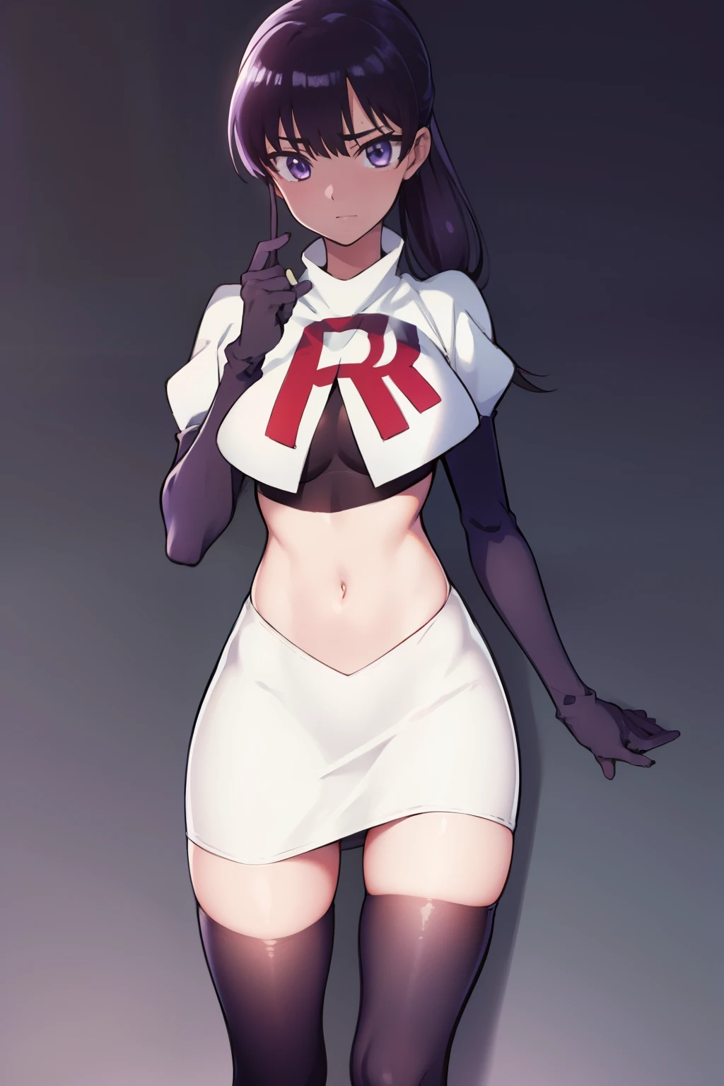 akiratachibana, akira tachibana, long hair, bangs, black hair, (purple eyes:1.1),
BREAK ponytail, team rocket,team rocket uniform,white skirt,red letter R,crop top,black thigh-highs,black elbow gloves
BREAK looking at viewer,
BREAK (masterpiece:1.2), best quality, high resolution, unity 8k wallpaper, (illustration:0.8), (beautiful detailed eyes:1.6), extremely detailed face, perfect lighting, extremely detailed CG, (perfect hands, perfect anatomy),