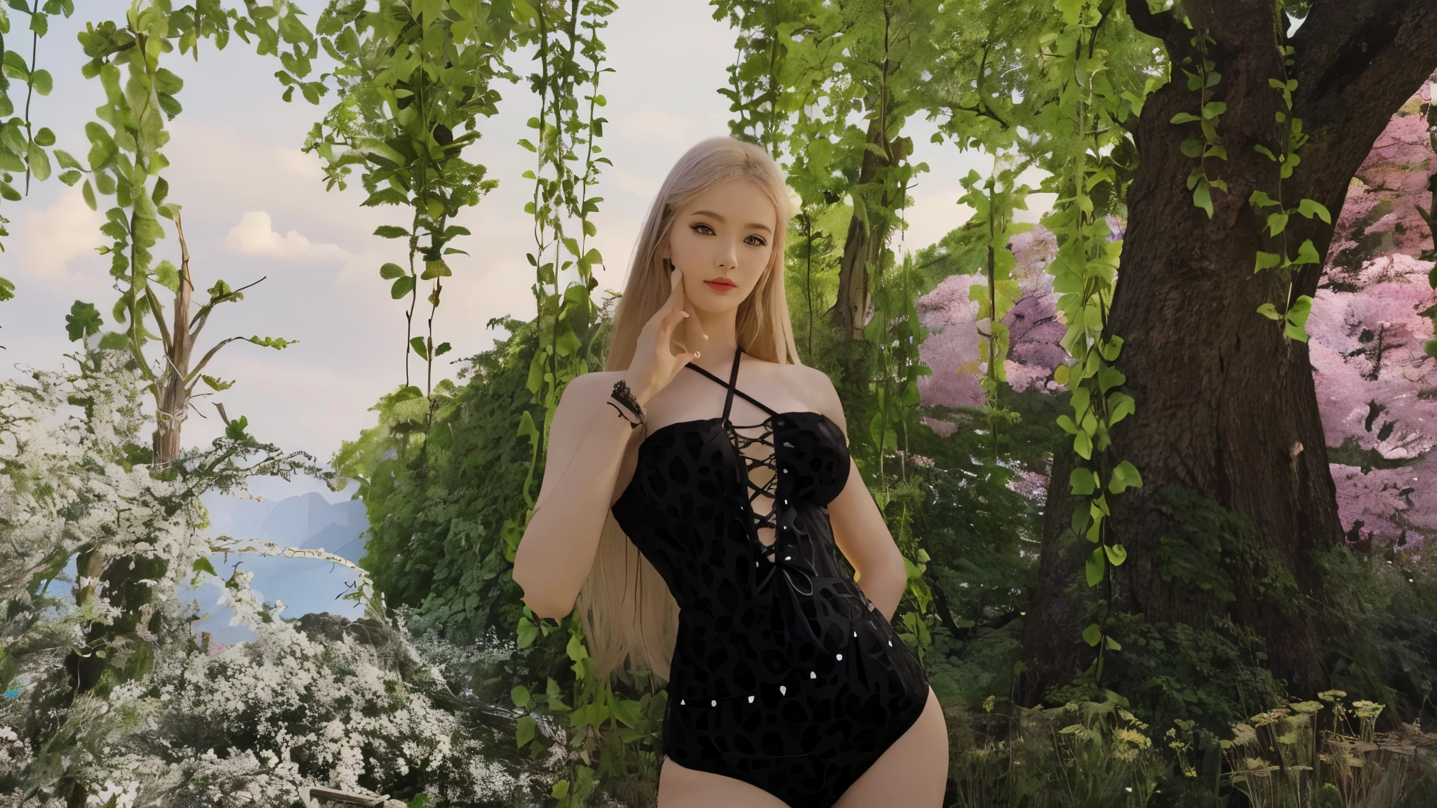 il y a une femme en body noir debout dans un jardin, inspired by Sim Sa-jeong, fairy queen of the forest'Summer, avatar de la seconde vie, pose de lancement de sorts, Belle capture d'screen, inspiré par Elmyr de Hory, pose lacive, tout le corps:: sunny weather::, dryad in the forest, tenue fantastique, inspired by Ren Renfa