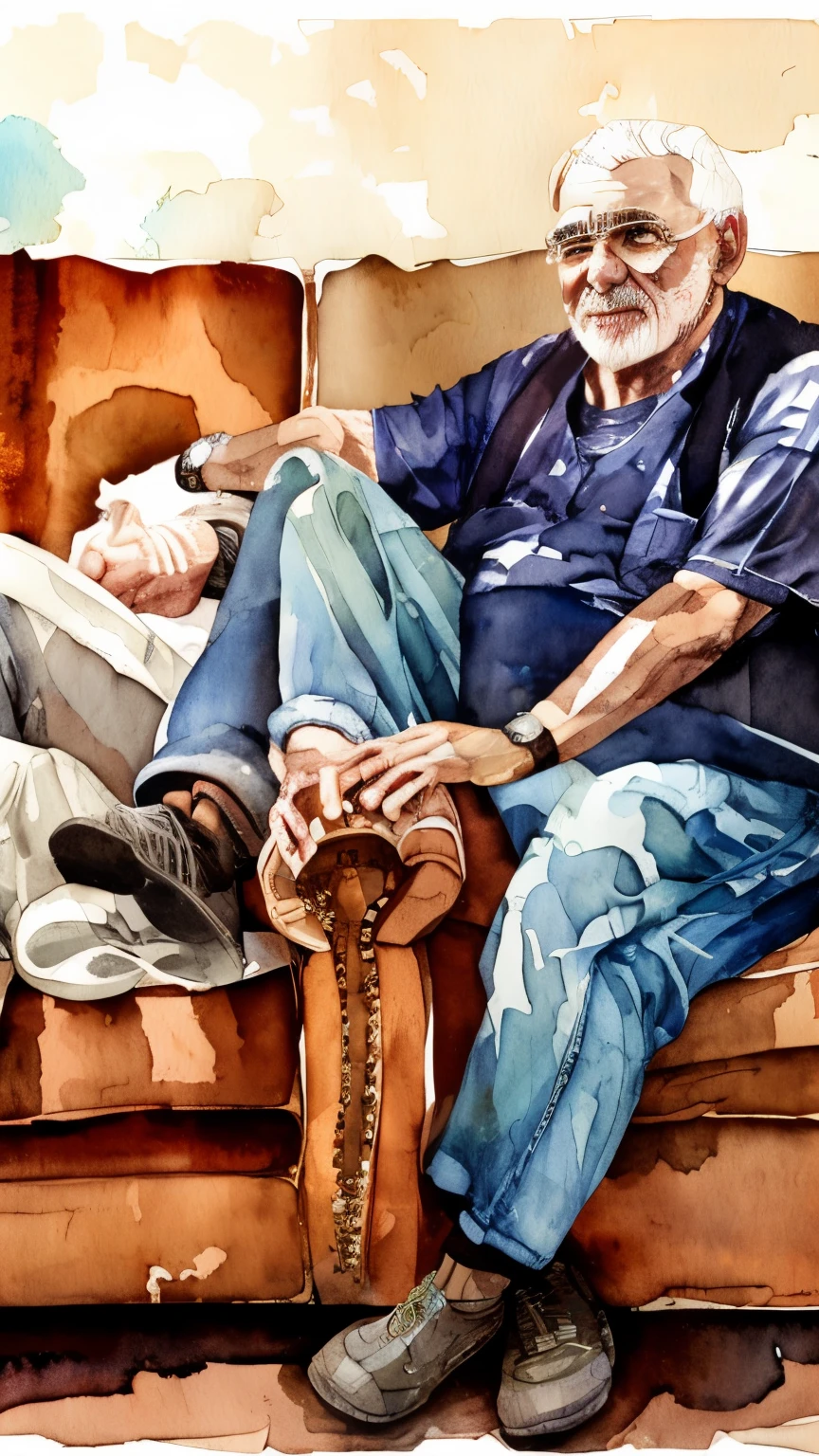 front shot of 2 hispanic old man sitting in the couch, livingroom, watercolor style, watercolor painting, masterpiece, master piece, perfect composition, professional stroke