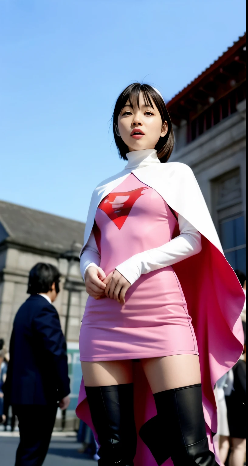 Highest image quality、real image、18-year-old美少女、beautiful woman、beautiful sister、A woman wearing a pink dress and cloak is standing in front of a building, 18-year-oldの女の子,Jun the Swan、science ninja、white panties、beautiful woman、 As a retro-futuristic heroine, 18-year-old、As a retro-futuristic heroine, beautiful thighs、sheila, she - ra, anime female hero portrait, Portrait of a modern dharna, anime visual of super girl, super girl, official art, Dinah Drake, hironaka, Blowjob White Mecha Miniskirt