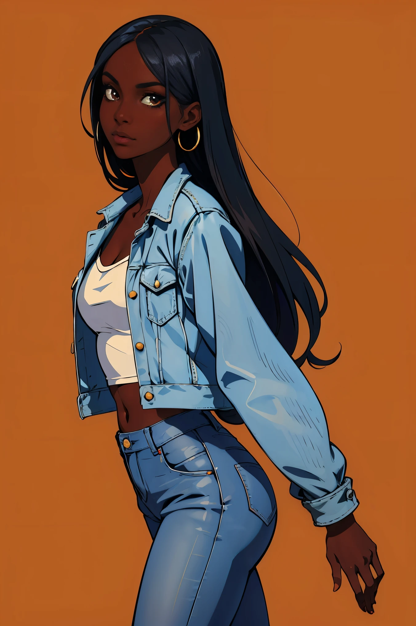 (masterpiece,best quality,absurdres,lineart:1),original design,1girl,chic,trendy,blues denim,long straight black hair, dark skin,makeup,