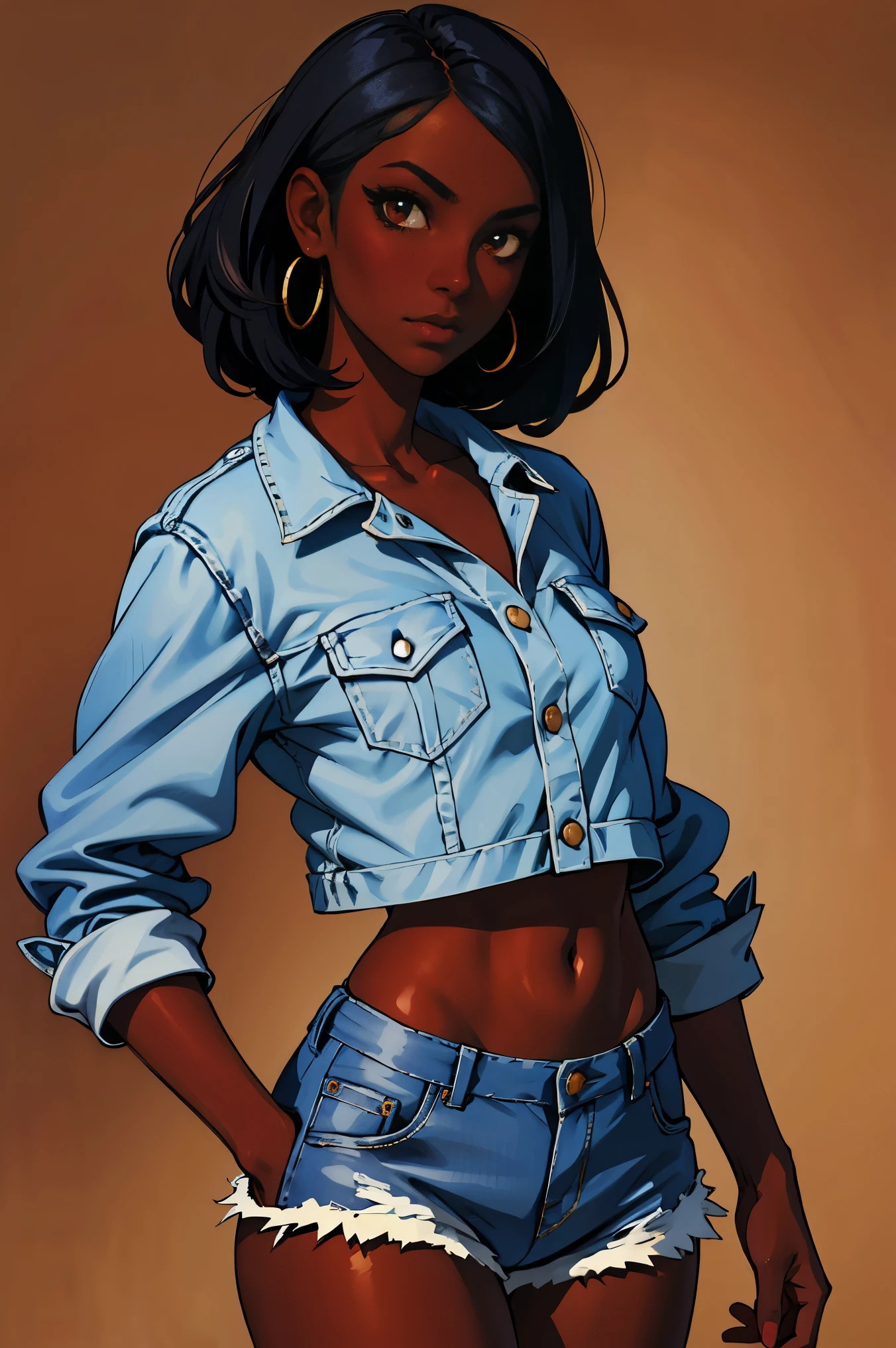 Masterpiece, 1girl, Dark skin ebony young woman in an oversized fuzzy fitted shirt, clearly defined blue eyes, (muscular arms), defined arms, dark skin, light brown hair, green eyes,tank top, tactel shorts