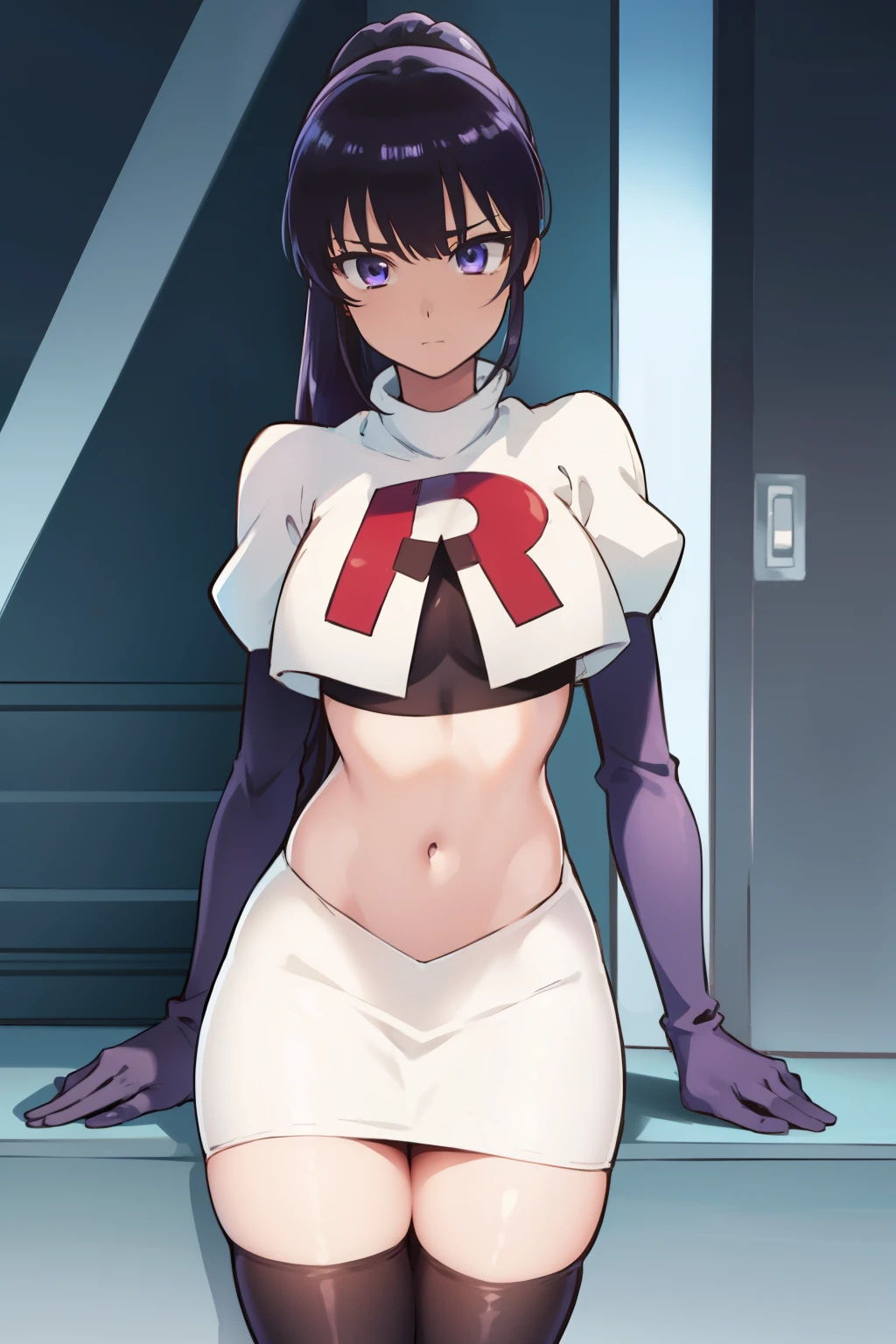 akiratachibana, akira tachibana, long hair, bangs, black hair, (purple eyes:1.1),
BREAK ponytail, team rocket,team rocket uniform,white skirt,red letter R,crop top,black thigh-highs,black elbow gloves
BREAK looking at viewer,
BREAK (masterpiece:1.2), best quality, high resolution, unity 8k wallpaper, (illustration:0.8), (beautiful detailed eyes:1.6), extremely detailed face, perfect lighting, extremely detailed CG, (perfect hands, perfect anatomy),