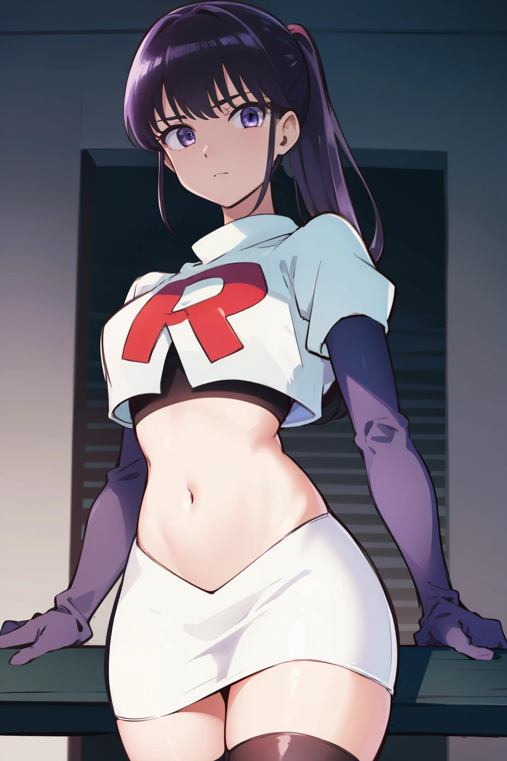 akiratachibana, akira tachibana, long hair, bangs, black hair, (purple eyes:1.1),
BREAK ponytail, team rocket,team rocket uniform,white skirt,red letter R,crop top,black thigh-highs,black elbow gloves
BREAK looking at viewer,
BREAK (masterpiece:1.2), best quality, high resolution, unity 8k wallpaper, (illustration:0.8), (beautiful detailed eyes:1.6), extremely detailed face, perfect lighting, extremely detailed CG, (perfect hands, perfect anatomy),