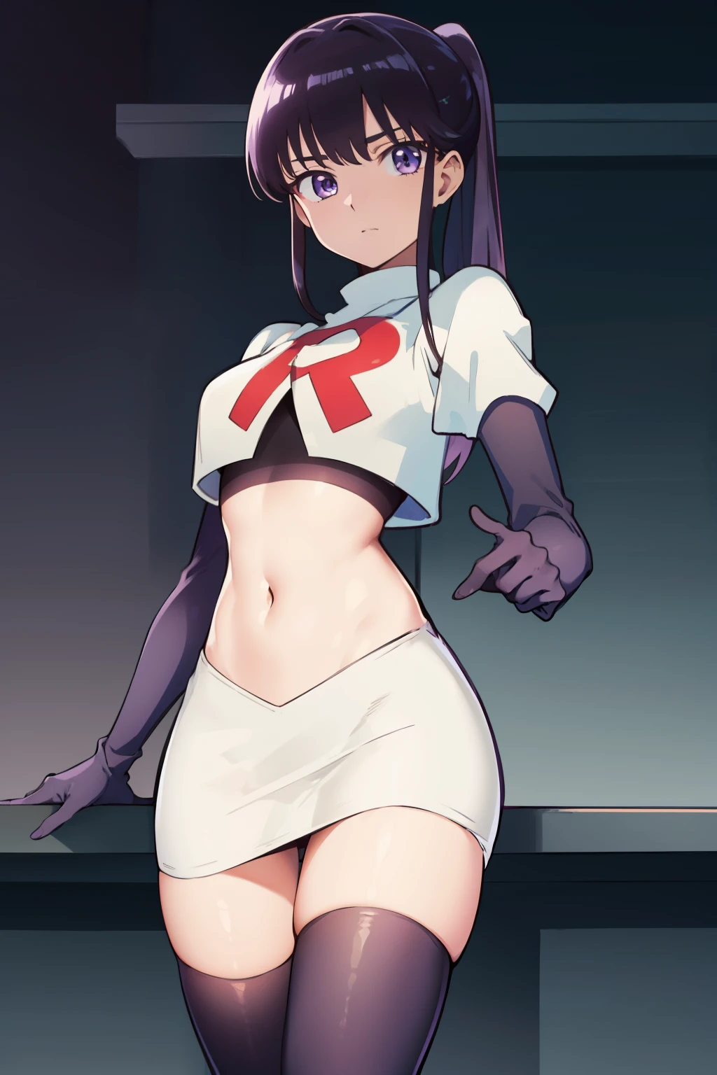 akiratachibana, akira tachibana, long hair, bangs, black hair, (purple eyes:1.1),
BREAK ponytail, team rocket,team rocket uniform,white skirt,red letter R,crop top,black thigh-highs,black elbow gloves
BREAK looking at viewer,
BREAK (masterpiece:1.2), best quality, high resolution, unity 8k wallpaper, (illustration:0.8), (beautiful detailed eyes:1.6), extremely detailed face, perfect lighting, extremely detailed CG, (perfect hands, perfect anatomy),