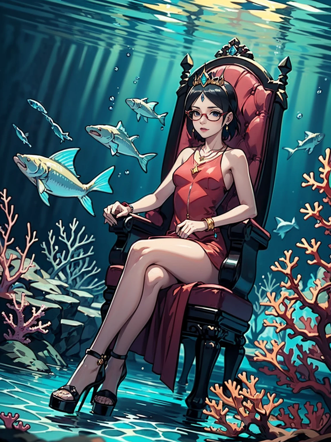 ((1girl, solo ,alone, Sarada Uchiha, short hair, ((dark eyes, bracelets, ruby earrings, ((black eyes, glasses, small breasts)), uchiha sarada)), ((solo, 1woman, pink lipstick, Extremely detailed, ambient soft lighting, 4k, perfect eyes, a perfect face, perfect lighting, a 1girl)), austere, ((sitting on a throne, ((legs crossed, high heels, underwater, submerged in the ocean, deep sea, sea creatures, aqua)), sitting on her throne under; water, sea queen, mu yanling, Krenz Cushart and Artgerm, ((fish, coral)), shark, turtle, algae)), ((long dress, elegant dress , formal dress, red dress, bracelets, ruby earrings, gold necklace, diamond tiara, sovereign))