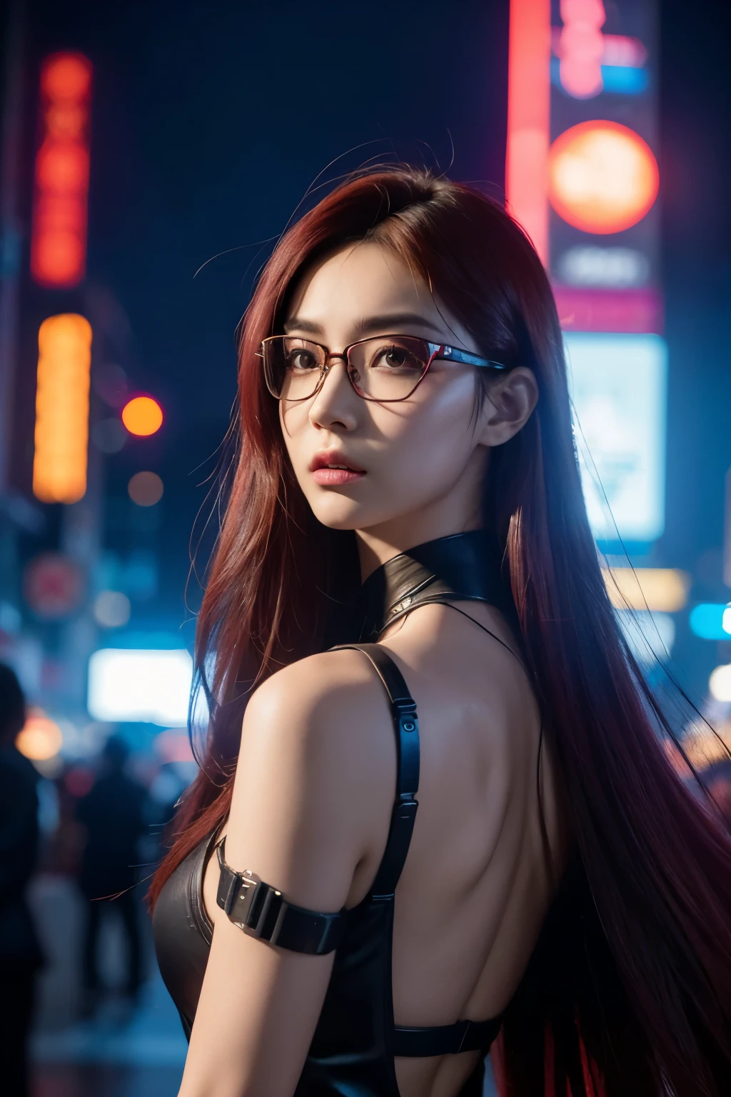 in cyberpunk city, cyberpunk photo, cyberpunk 2 0 y. o model girl, in a futuristic cyberpunk city, female, in a cyberpunk city, cyberpunk beautiful girl, in cyberpunk style, cyberpunk girl, futuristic cyberpunk tokyo night, at cyberpunk city, (tmasterpiece、4k resolution、ultra-realistic realism、The is very detailed), "Full and juicy lips, mesmerizing wide eyes, a defined jawline, and high cheekbones. A perfectly symmetrical face with distinct features.", wearing glasses, Japaneses, Irelia from league of legends, red-haired