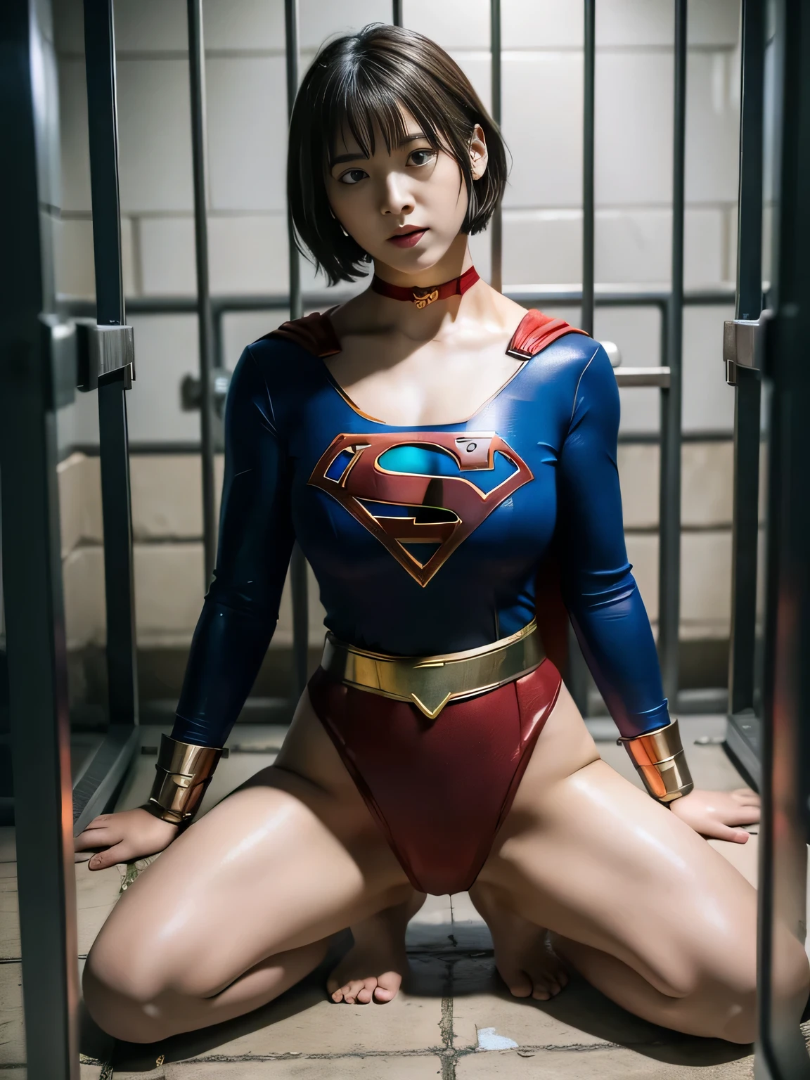 masterpiece、supergirl costume、short hair、barefoot、big and full breasts、Crisis situation、prison、in a cage、sense of abuse、torture、spread your legs、Poor land、shiny、looking at camera、Seduce、choker、long sleeve、red sexy pose、POW camps、humiliating、