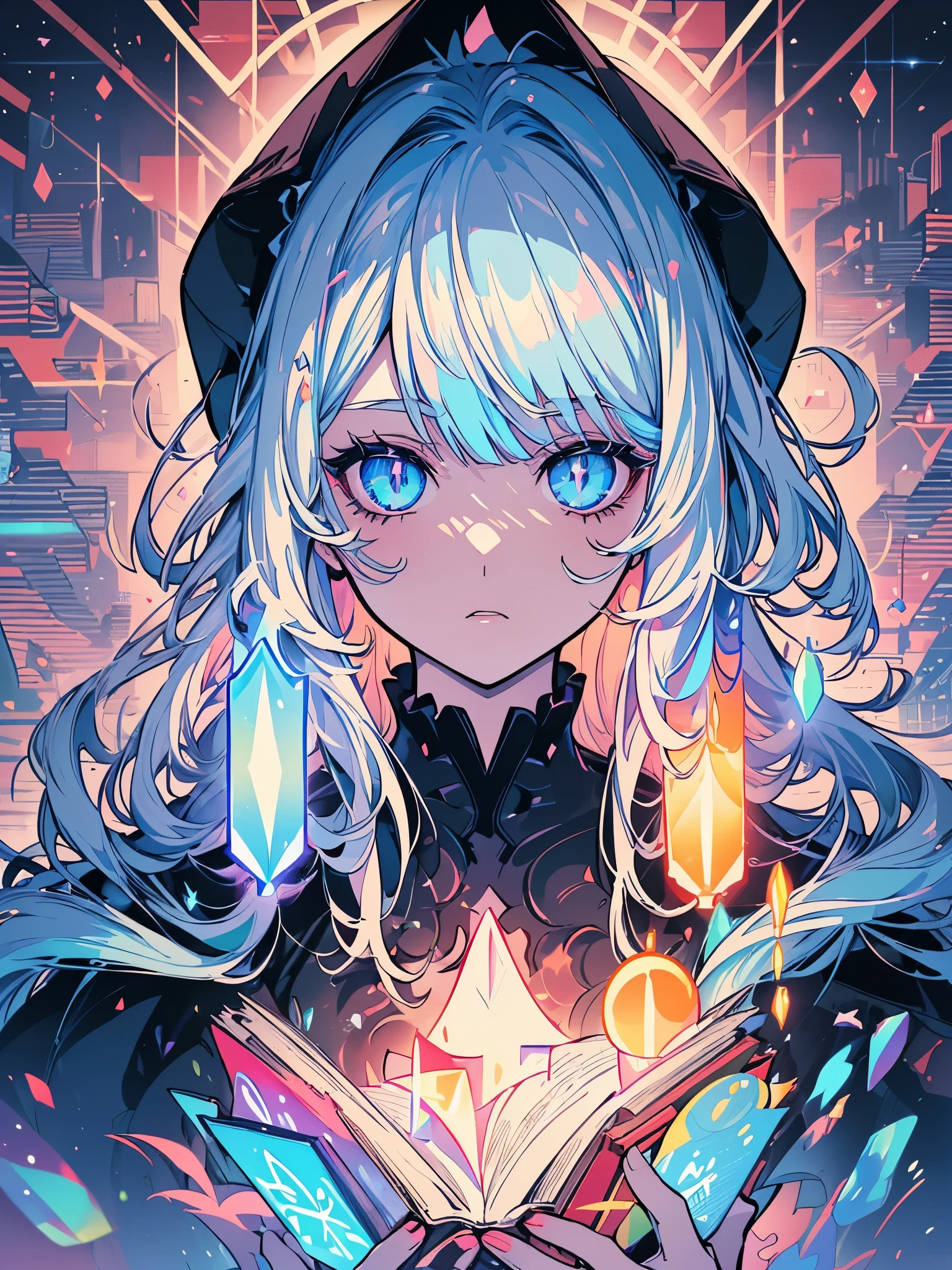 a girl with a hood that covers her face, long sideburns that curve into her face, snake eyes, focused eyes, white eyebrow, white hair, looking down, (((holding a book with moving colored pages, neon pages, magic runes come out of the book))), pose of someone who is going to use magic, colorful, multi-colored sparkles, {extremely detailed 16k CG unit wallpaper}, expansive landscape photography, (a view from below with focus on the scenery), (wide open field view), (low angle shot), (high light: 1.2), (low light: 1.7), (warm light source: 1.5), complex details, (iridescent colors: 1.5), (illumination bright), (atmospheric lighting)