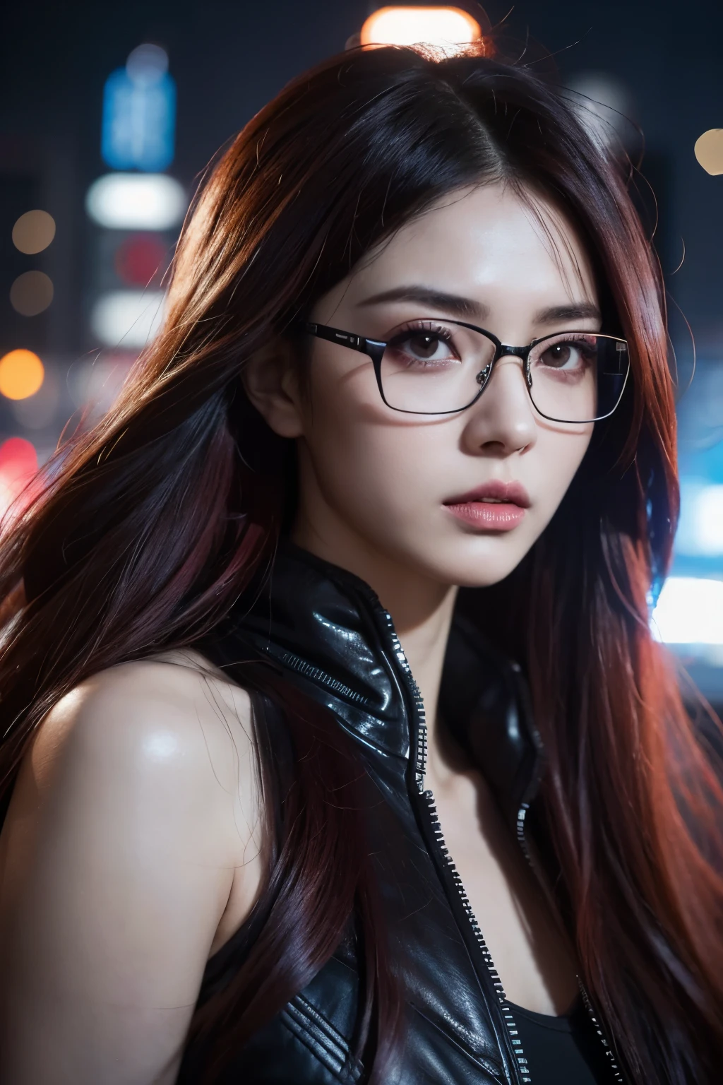 in cyberpunk city, cyberpunk photo, cyberpunk 2 0 y. o model girl, in a futuristic cyberpunk city, female, in a cyberpunk city, cyberpunk beautiful girl, in cyberpunk style, cyberpunk girl, futuristic cyberpunk tokyo night, at cyberpunk city, (tmasterpiece、4k resolution、ultra-realistic realism、The is very detailed), "Full and juicy lips, mesmerizing wide eyes, a defined jawline, and high cheekbones. A perfectly symmetrical face with distinct features.", wearing glasses, Japaneses, Irelia from league of legends, red-haired