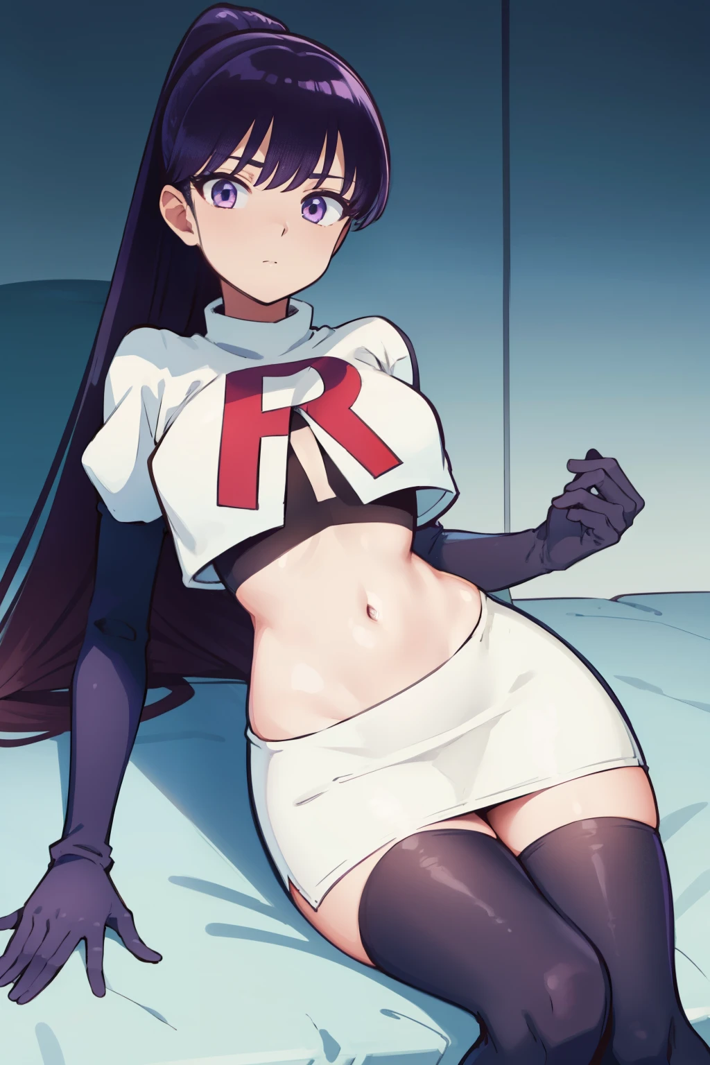 akiratachibana, akira tachibana, long hair, bangs, black hair, (purple eyes:1.1),
BREAK ponytail, team rocket,team rocket uniform,white skirt,red letter R,crop top,black thigh-highs,black elbow gloves
BREAK looking at viewer,
BREAK (masterpiece:1.2), best quality, high resolution, unity 8k wallpaper, (illustration:0.8), (beautiful detailed eyes:1.6), extremely detailed face, perfect lighting, extremely detailed CG, (perfect hands, perfect anatomy),