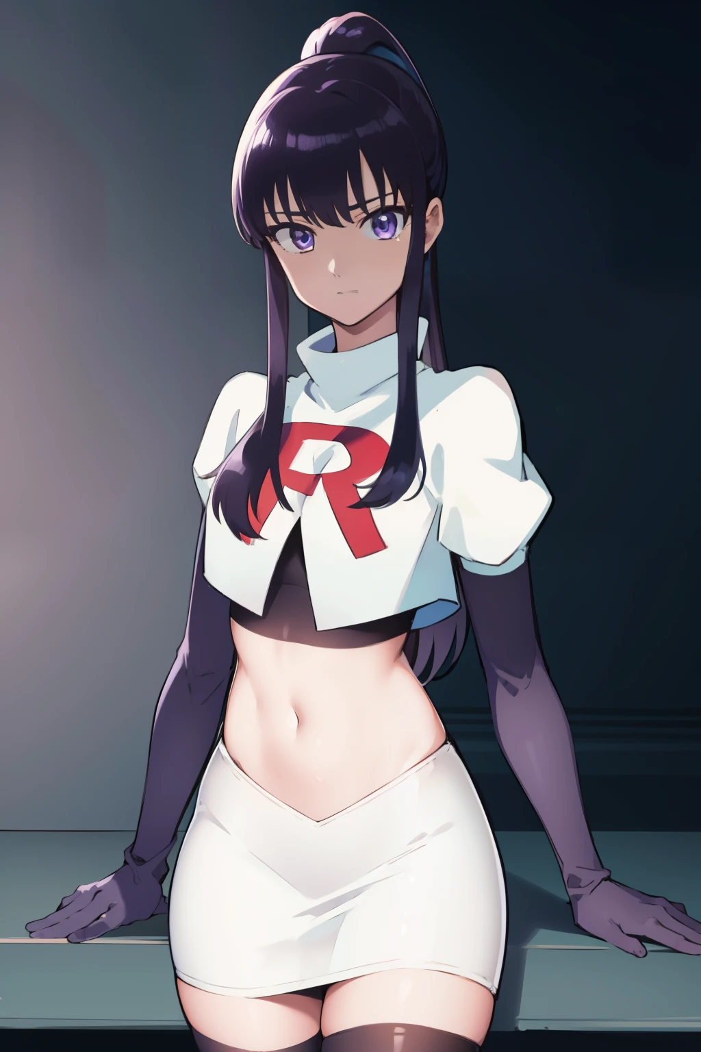 akiratachibana, akira tachibana, long hair, bangs, black hair, (purple eyes:1.1),
BREAK ponytail, team rocket,team rocket uniform,white skirt,red letter R,crop top,black thigh-highs,black elbow gloves
BREAK looking at viewer,
BREAK (masterpiece:1.2), best quality, high resolution, unity 8k wallpaper, (illustration:0.8), (beautiful detailed eyes:1.6), extremely detailed face, perfect lighting, extremely detailed CG, (perfect hands, perfect anatomy),