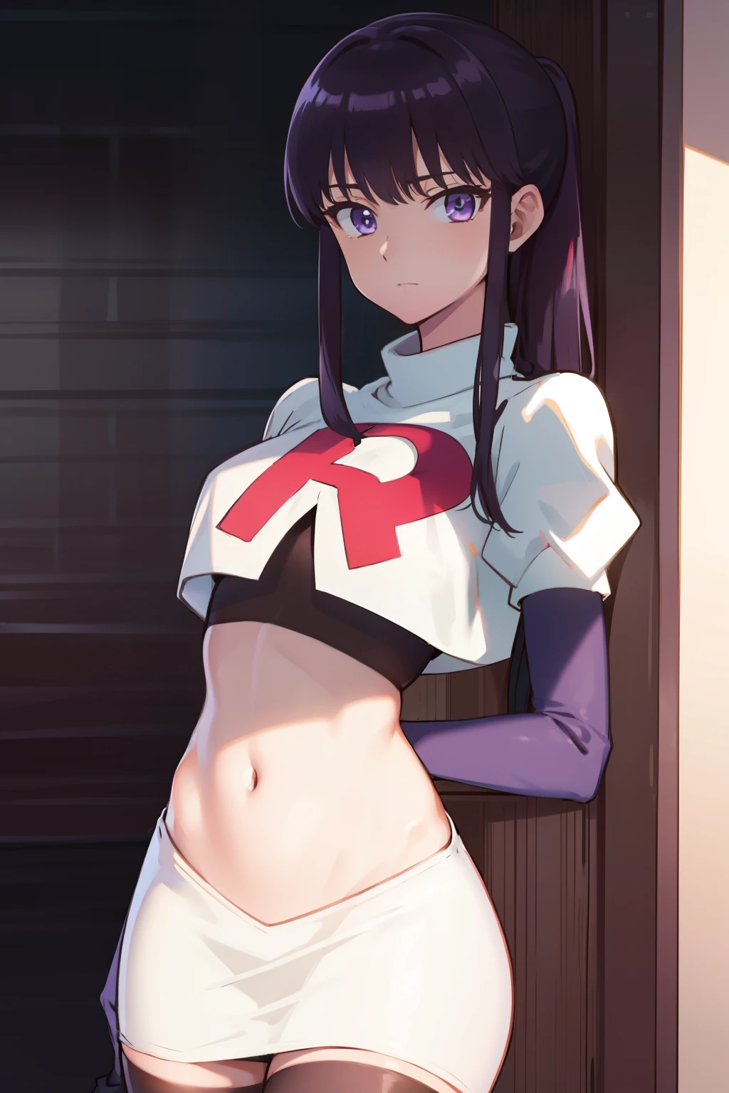 akiratachibana, akira tachibana, long hair, bangs, black hair, (purple eyes:1.1),
BREAK ponytail, team rocket,team rocket uniform,white skirt,red letter R,crop top,black thigh-highs,black elbow gloves
BREAK looking at viewer,
BREAK (masterpiece:1.2), best quality, high resolution, unity 8k wallpaper, (illustration:0.8), (beautiful detailed eyes:1.6), extremely detailed face, perfect lighting, extremely detailed CG, (perfect hands, perfect anatomy),