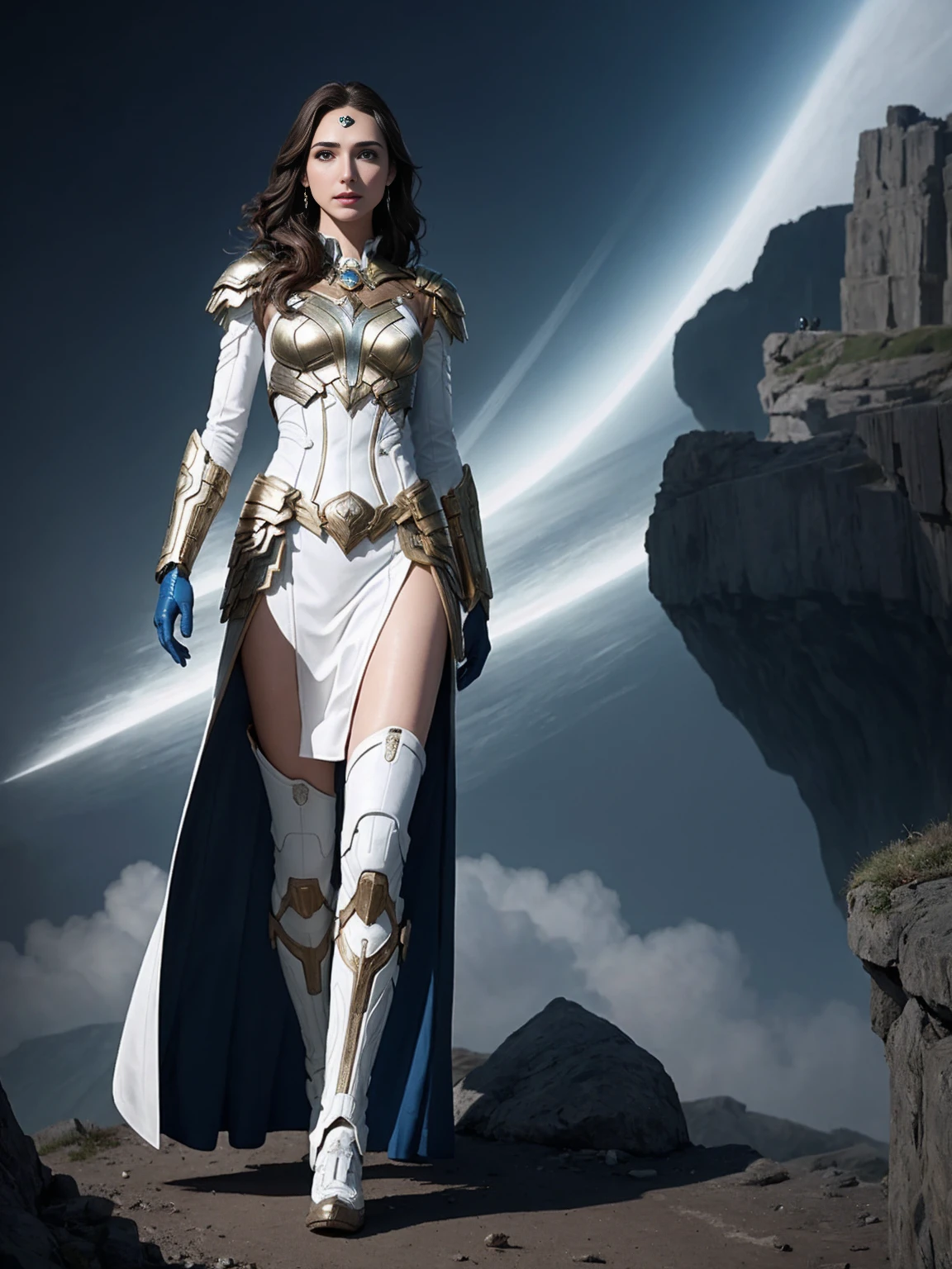 Beautiful woman, voluptuous, big ass, , (( shoulder length curly brunette hair, two side up with bangs, ringlets, shoulder length curly brunette hair with bangs, two side up, ringlets, shoulder length curly brunette hair with bangs, two side up, ringlets,)), full body, (holding a sword and shield), sexual facial expression, Glossy enamel superhero white costume, (sexy with bodysuit), (Glossy enamel white superhero cosplay), romantic background, UHD, 32k, 8k, dark skin, dripping wet, wet body, ((Only, full body view, standing, spread legs, facing the viewer, 1girl, background of garden, stone walls and pathways, wisteria trees, outside of mansion, official art, extremely detailed ,,)), Hyper_girl, ((Standing in the middle TOP OF A HIGH ROCKY MOUNTAIN, SUNSET, BLUE SKY,))