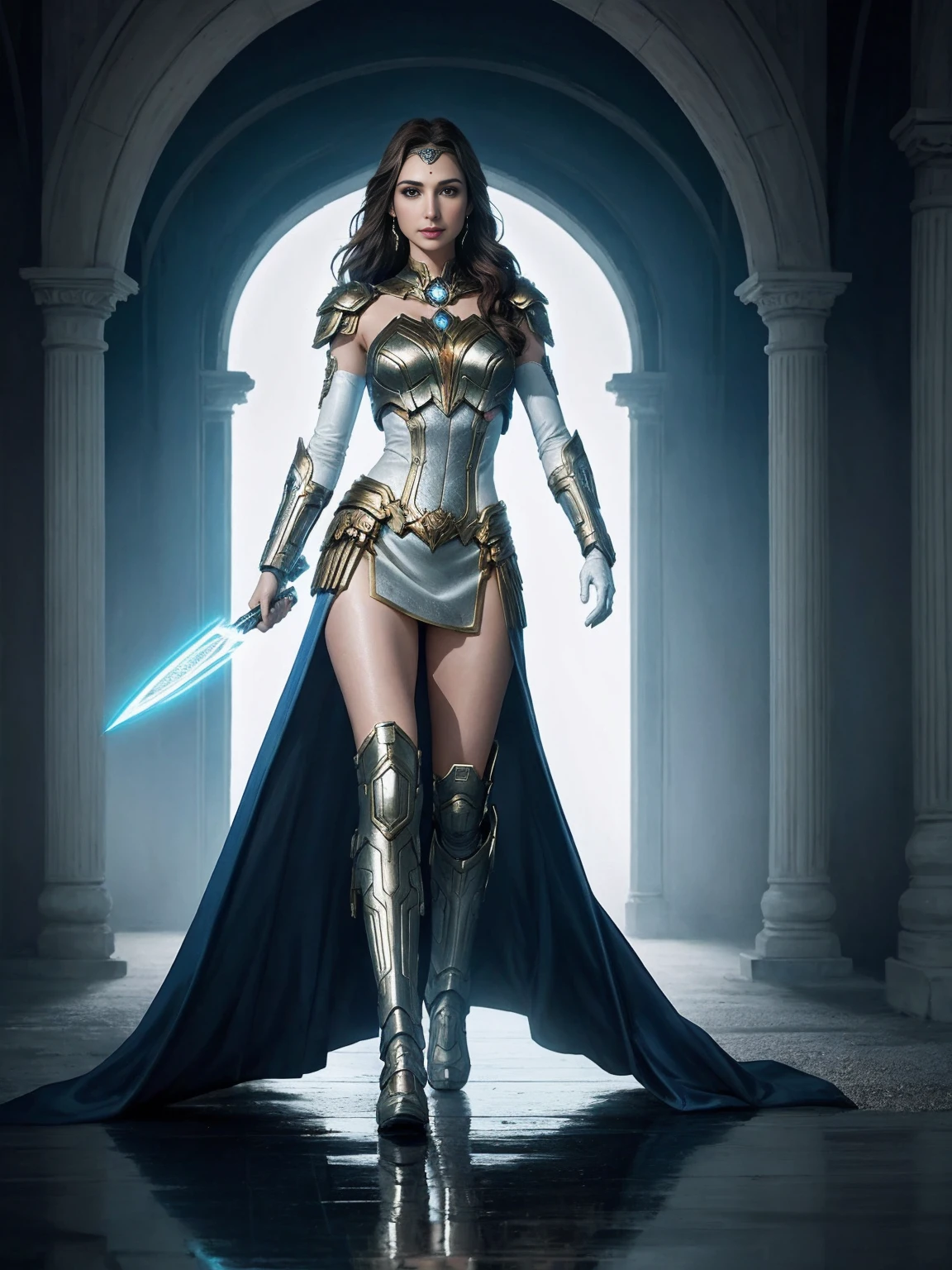 (((full body photo))) Gal gadot, White clothes, 8k portrait of beautiful cyborg with brown hair,iintricate,ellegance,Highly meticulous,captivating blue eyes,A majestic,Digital photography,The artistic germination and art of Ruan Jia and Greg Rutkovsky Surrealist painting lace,brokenglass,(tmasterpiece,Sideslit,exquisite and beautiful eyes:1.2 ), Human Development Report,