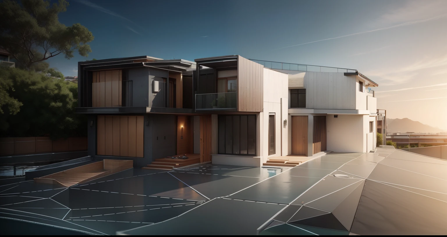 Organic modern architecture on a small plot, small two-story house, black and white grey tone, large modern residence, telhados planos e jardim, render luxcore, render oktane, a photorealistic rendering, architectural render, mantra rendering, architectural render, realism rendering, architectural visualisation, piscina de bem-estar, architectural visualisation,  grandes zonas verdes, com pequenas zonas de flores de lavanda, arbustos verdes tipo exuberante jardim verde, swimming pool embedded in an area of sand, oliveiras e pinheiros ao redor da casa,