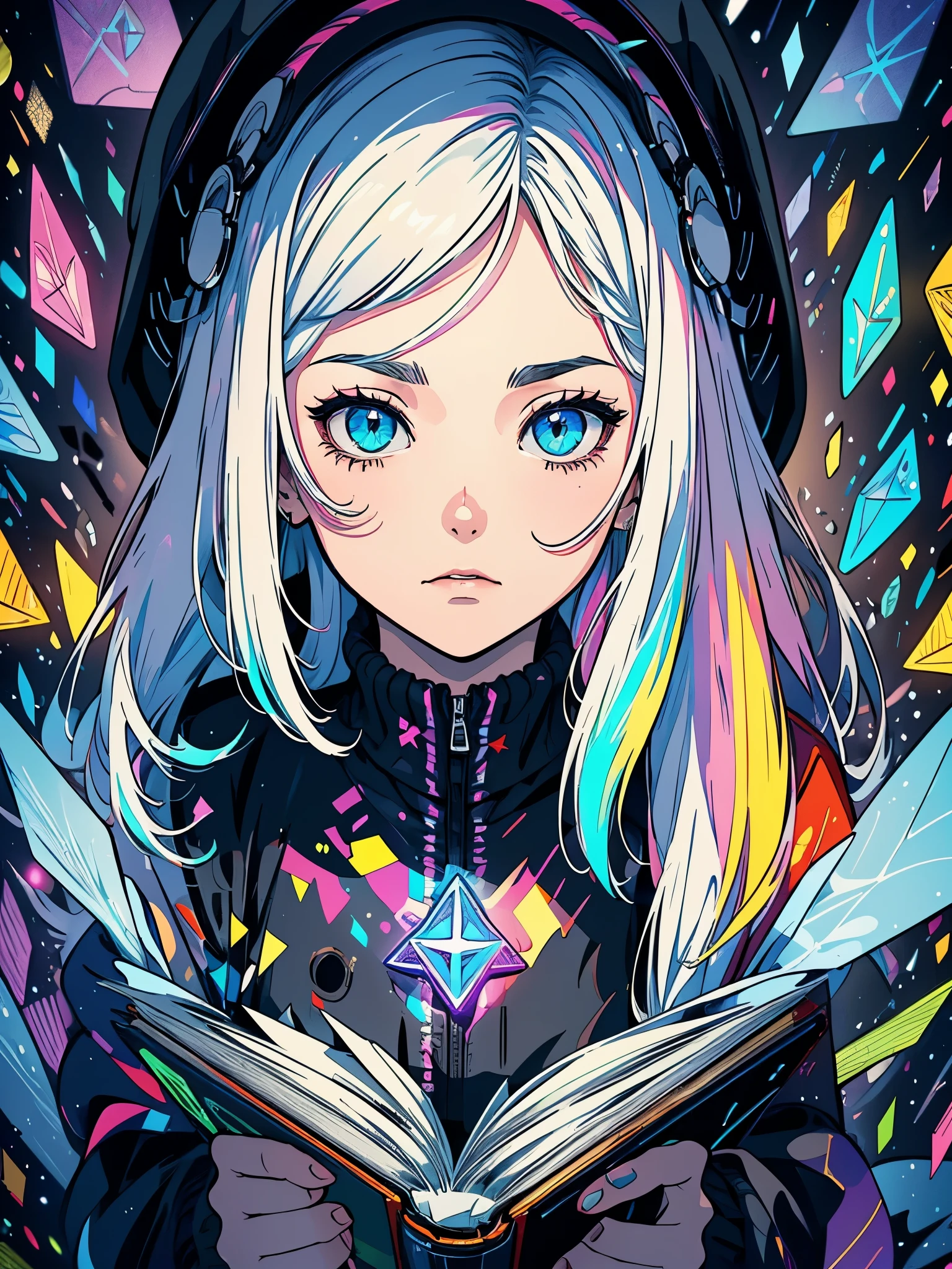 a girl with a hood that covers her face, long sideburns that curve into her face, glassy eyes, focused eyes, white eyebrows, white hair, looking down, (((holding a book with moving colored pages, neon pages, of book come out magical runes))), colorful sparkles, multicolors, {extremely detailed 16k CG unit wallpaper}, expansive landscape photography, (a low view with focus on the scenery), (wide view of open field), (low angle photo), (high light: 1.2), (low light: 1.7), (warm light source: 1.5), complex details, (iridescent colors: 1.5), (bright lighting), (atmospheric lighting)
