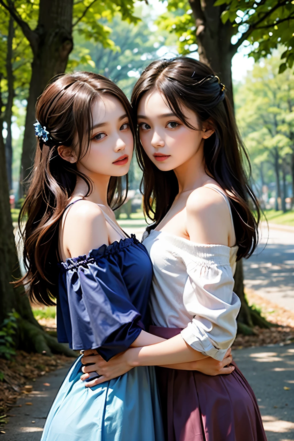 ((2 girl)), off shoulder deep-v dress, in park, hold her girlfriend, tree background
