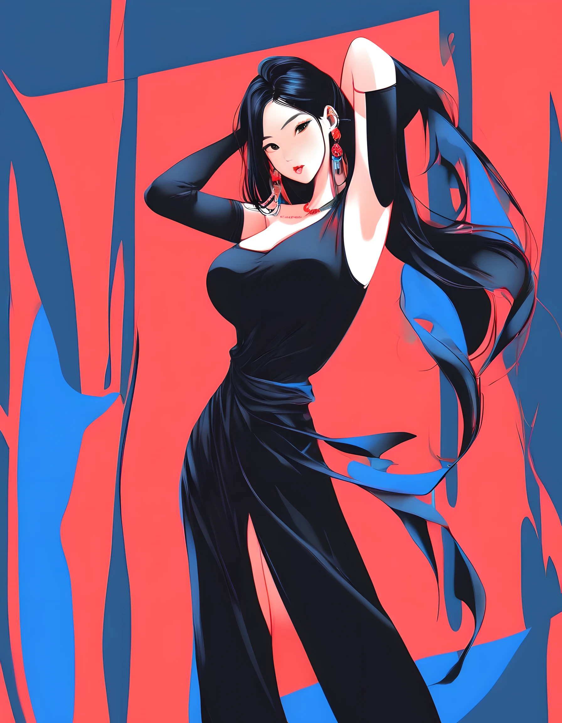tsuruta ichiro, Narrow-eyed, 1girl in, Allback、deadpan、short-hair、shorth hair、brow、Reluctance、A dark-haired、Tucked Hair Solo, Cowgirl, Onepiece, ((mideum breasts)), Thin slit eyes、Black eyes, Light shines on the eyes、Black hair, gloves, Dress, Luxurious Jewelry, earrings, sharp eye、 elbow groves,Raise your hands and tie your hair back, random color, random color dress, Makeup for long eyes, Slender eyes、lip stick, Complex petal pattern, Rim Light, Back Light, pastel color,Studio Lighting