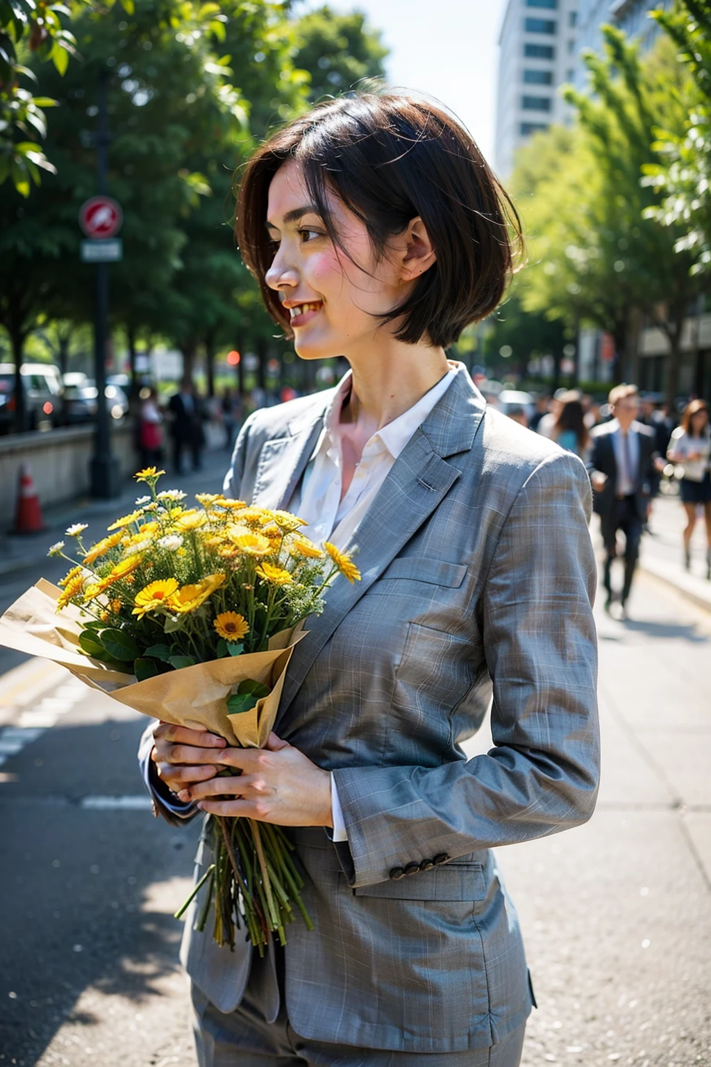 ((best quality)), ((masterpiece)), (detailed), perfect face，big scene，outdoor，A florist，There are all kinds of rich flowers in front of you，Behind it is the city，A woman stands among flowers and smiles，wearing a professional suit，short hair，profile