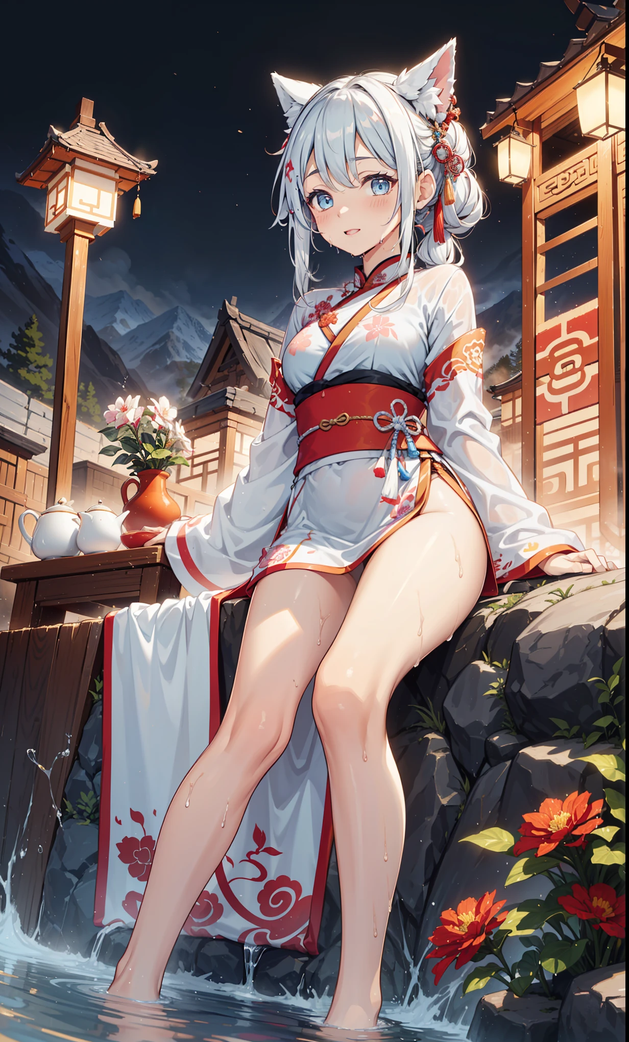 top quality，best resolution，(Drenched white long cheongsam），Super detailed, She has a white twin tail，girl，charm，Design intricate clothes，blue eyes，Distant view of forest and mountains，Elegant and charming，((Wet people，ancient chinese hot springs))，(Decoration on the legs，fog)，night，little lighting，charm的姿势