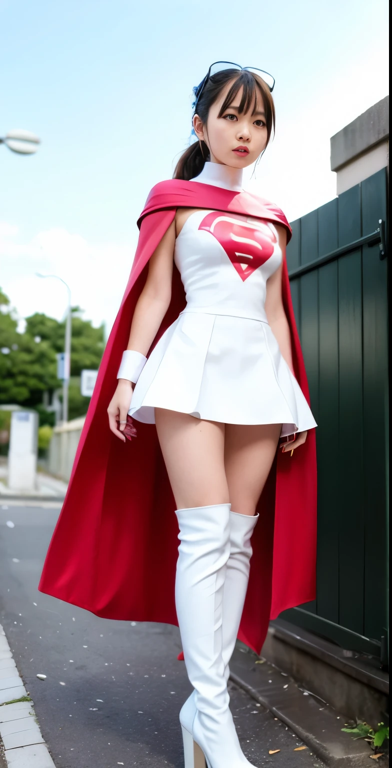 Highest image quality、real image、18-year-old美少女、ポニーテールbeautiful woman、beautiful sister、A woman wearing a pink dress and cloak is standing in front of a building, 18-year-oldの女の子,Jun the Swan、knee high boots science ninja、white panties、beautiful woman、 As a retro-futuristic heroine, 18-year-old、As a retro-futuristic heroine, beautiful thighs、sheila, she - ra, anime female hero portrait, Portrait of a modern dharna, anime visual of super girl, super girl, official art, Dinah Drake, hironaka,  White Mecha Miniskirt