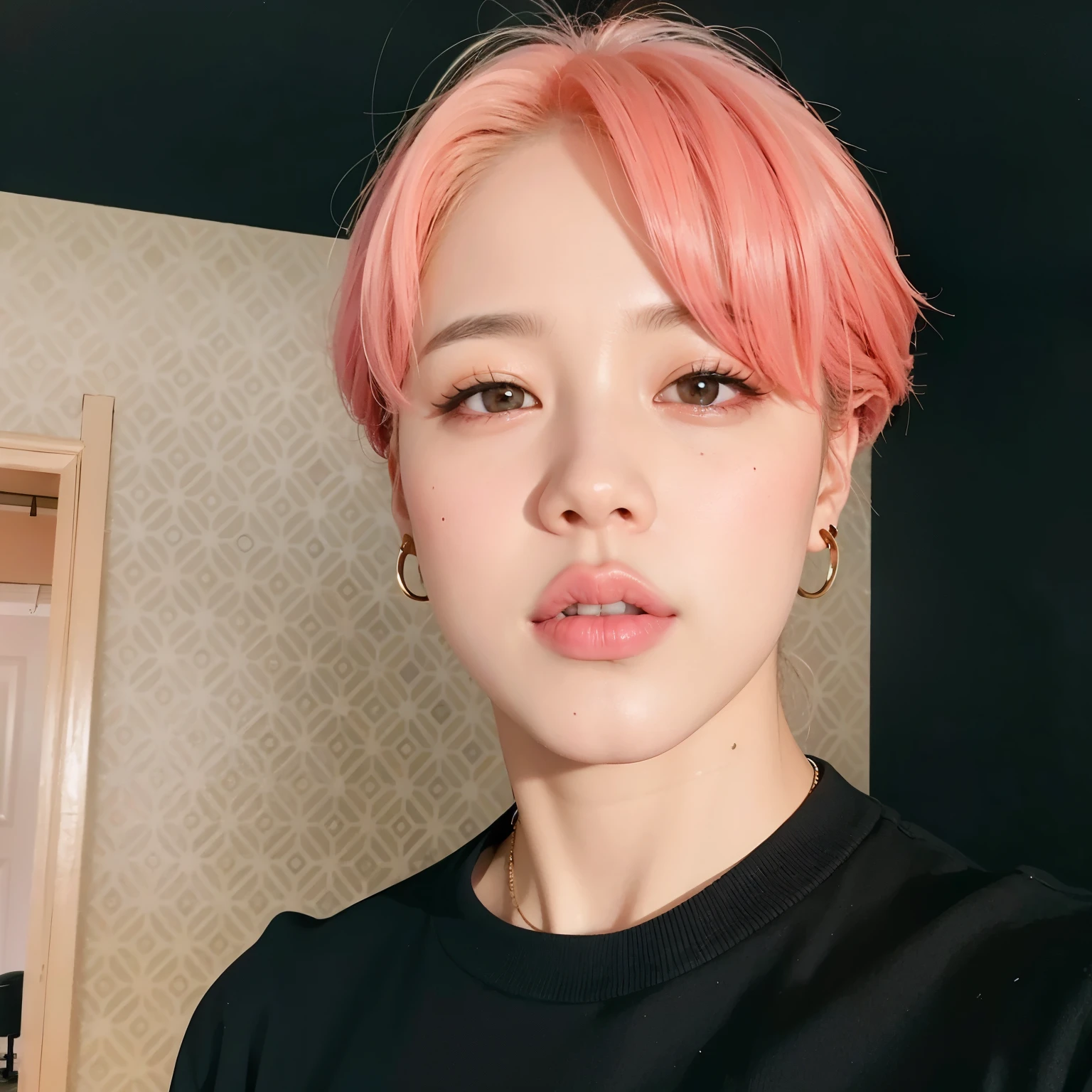 um close up de uma pessoa com um cabelo ruivo e uma camisa preta, Jimin\the full lips, Jimin, park Jimin, Jimin\the right eyelid is swollen, accurate Jimin face, Jimin\o nariz grego, portrait of jossi do blackpink, Kim Doyoung, jossi do blackpink, taejune kim, hyung tae, Sun Yunjoo