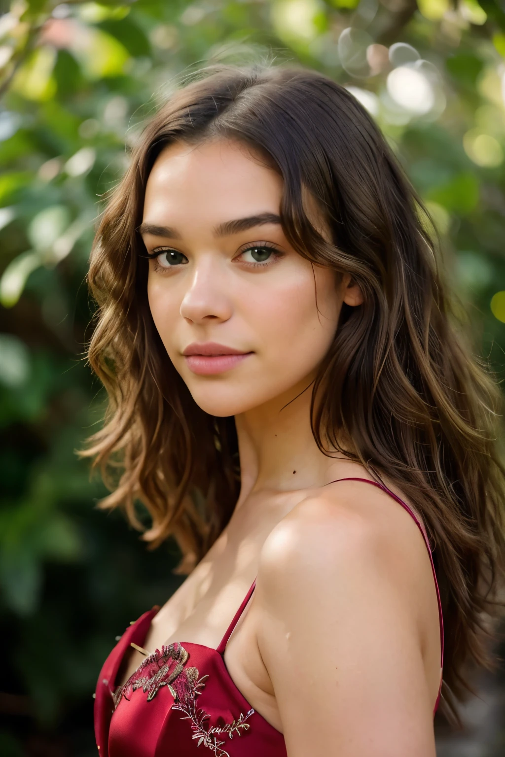 My beautiful wife Hailee Steinfeld, radiantly wearing a red evening gown, Highly detailed, 30 years old, expressive face, naturally curly hair, captivating green eyes, High resolution, masterpiece, Best quality, intricate high details, Sharply focused, Detailed skin, realistic skin texture, textured gown, Detailed eyes, professionally captured, 4K, enchanting smile, filmed with Canon, 50 mm, shallow depth of field, Kodak Vision-Color, perfectly complimenting body, Extremely detailed, Ultra-realistic, photorealistic, Post-processing, Maximum details, smoothness, genuine, Ultra