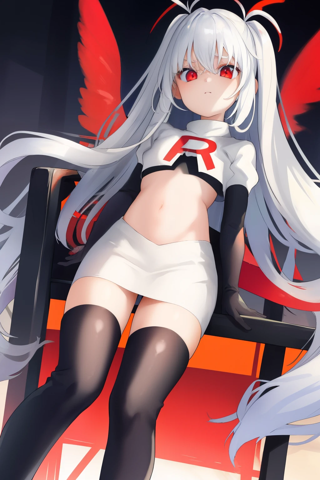 colorful hair, (long hair),(((adult))) Lolita, shiny skin, shiny hair, hair ornament, black ribbon, small flat chest, visible through hair, hairs between eyes, cute, highlight hair, solo, fantasy, Gradient hair, white hair, apathy, black angel wings on back, black Feather, flying, (black metallic wings ), Feather, flying, (iron wings), white hair, red eyes, team rocket,team rocket uniform,white skirt,red letter R,crop top,black thigh-highs,black elbow gloves