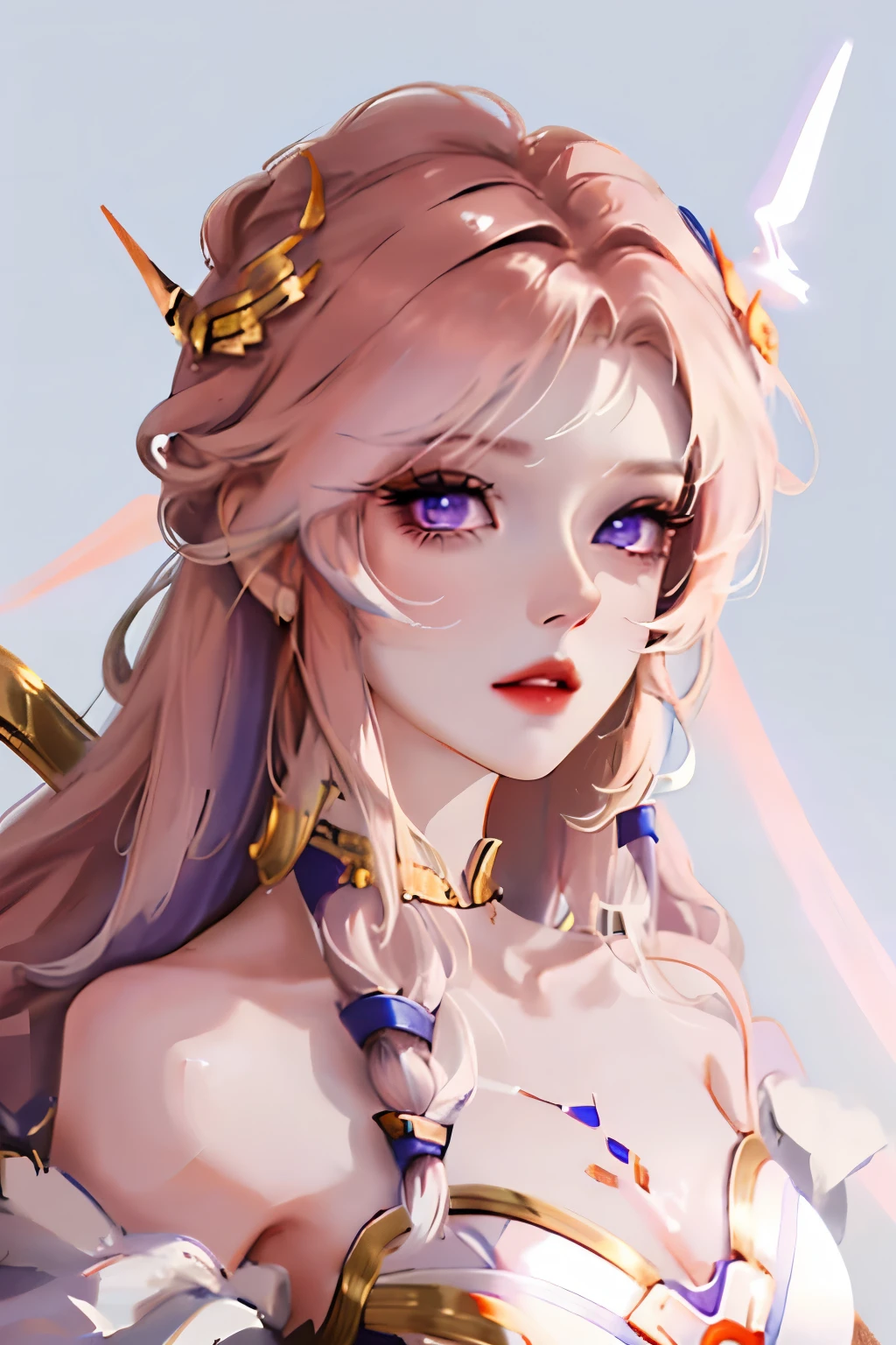 1 girl,high resolution, high quality, masterpiece, mxmk white dress, bare shoulders, purple eyes, white dress, braid，gold eye shadow，crimson pupils，
