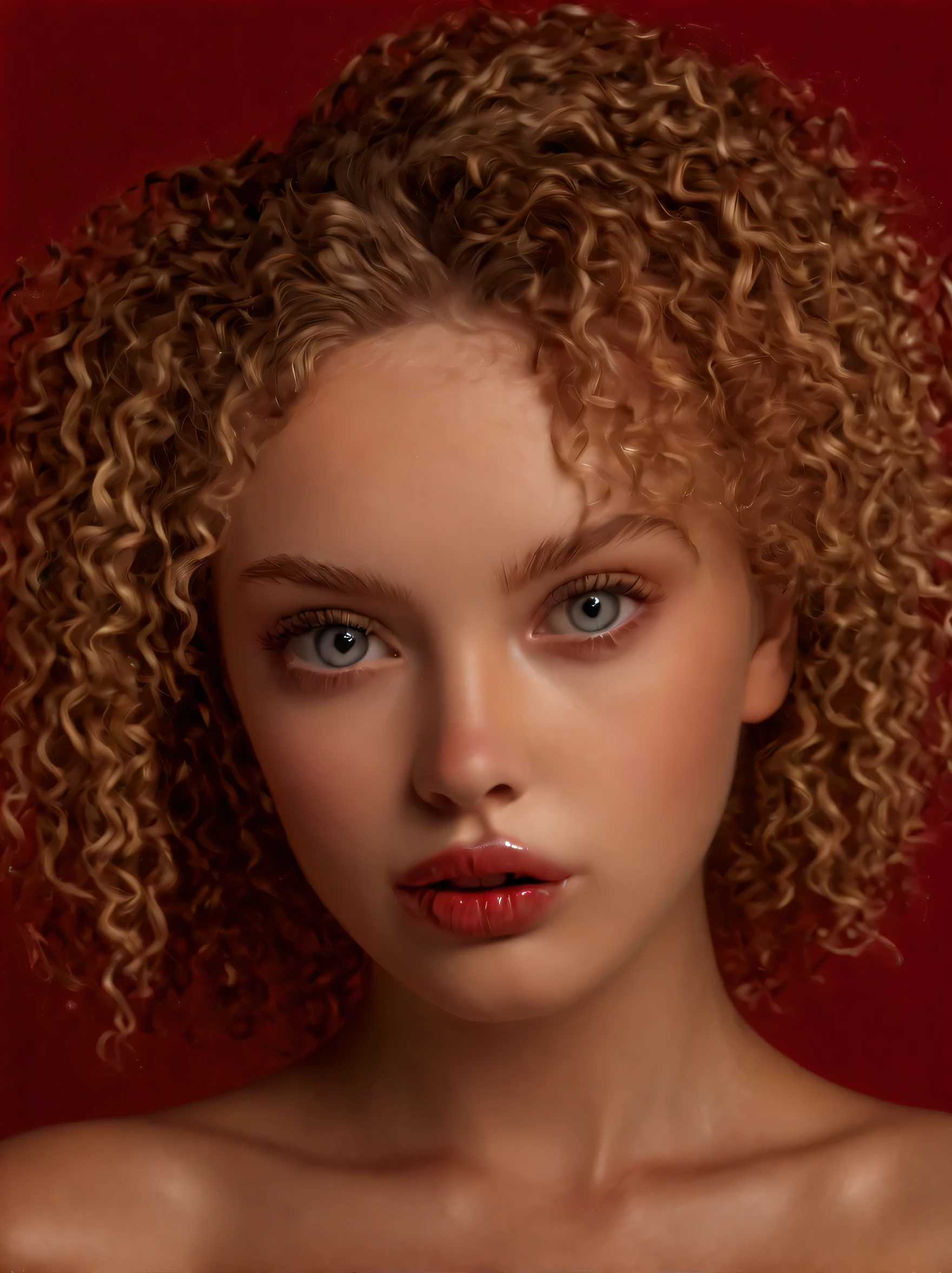 (melhor qualidade,4k,8K,high resolution,obra de arte:1.2),ultra-detalhado,(Realista,photoRealista,photo-Realista:1.37),lindos olhos detalhados,beautiful detailed lips,olhos e rosto extremamente detalhados,Long eyelashes,1 garota,retrato,soft lighting,sharp focus,fundo vermelho,roupa preta,tons de pele delicados,Sombras sutis,pose atraente,Cabelo longo cacheado,modelo lindo,ligeiramente revelador,beleza natural,Nu,confident expression,camera close-up,intense gaze, Nus perfect.