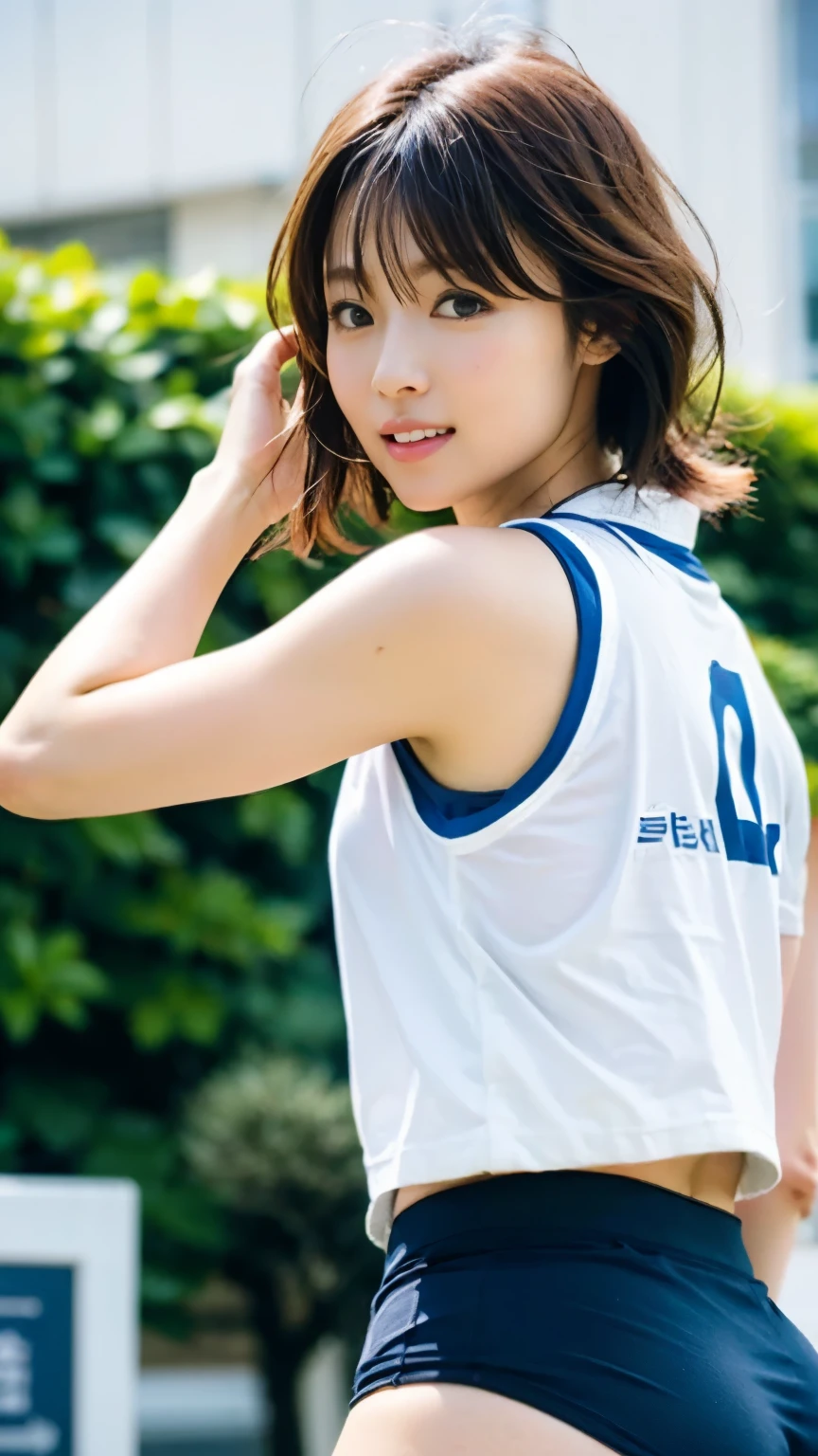 perfect anatomy ,Wearing school-designated white gym uniform, navy blue bloomers, and running shoes, she runs as fast as she can with a serious look in her eyes.,The short bob looks great and captures the essence of her athleticism and energy.,Deep depth of field with Hasselblad, portraying the motion and grace of ランニング, showing the wind blowing her ポニーテール and clothes,Outdoor shot from the side, detailed background, modern schoolyard truck,best image quality,professional angle of view,outstanding detail,超A high resolution,realistic:1.4),high detail,focus on details,1girl concentrated in high concentration,beautiful chestnut hair,Beautiful face with a delicate and high nose,Long limbs like a model and a proud waist,