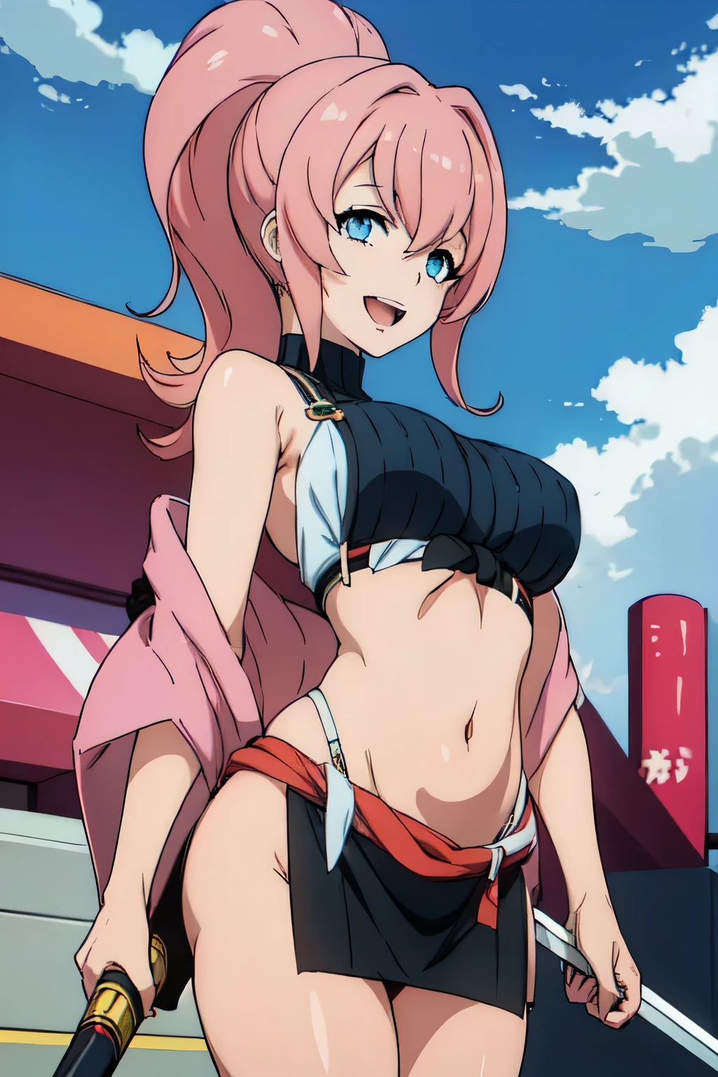 , anime coloring, 1girl, solo, maria_synduality_noir, pink hair, blue eyes, , ponytail, large breast, masterpiece, best quality, highly detailed, a anime girls in kimono dress with a sword posing for a
picture, bare shoulder,open kimono, evil smile, open mouth, crop top , (nsfw) not safe for work, smile,
ecchi anime style, anime girls, ecchi style, ecchi, digital anime art!!, in anime style, official artwork, visual
novel cg, beautiful anime girl, anime style 4 k, kimono pencil skirt, exposed belly, exposed navel,
exposed midriff, exposed lower belly, outdoor, japanese architecture, temple