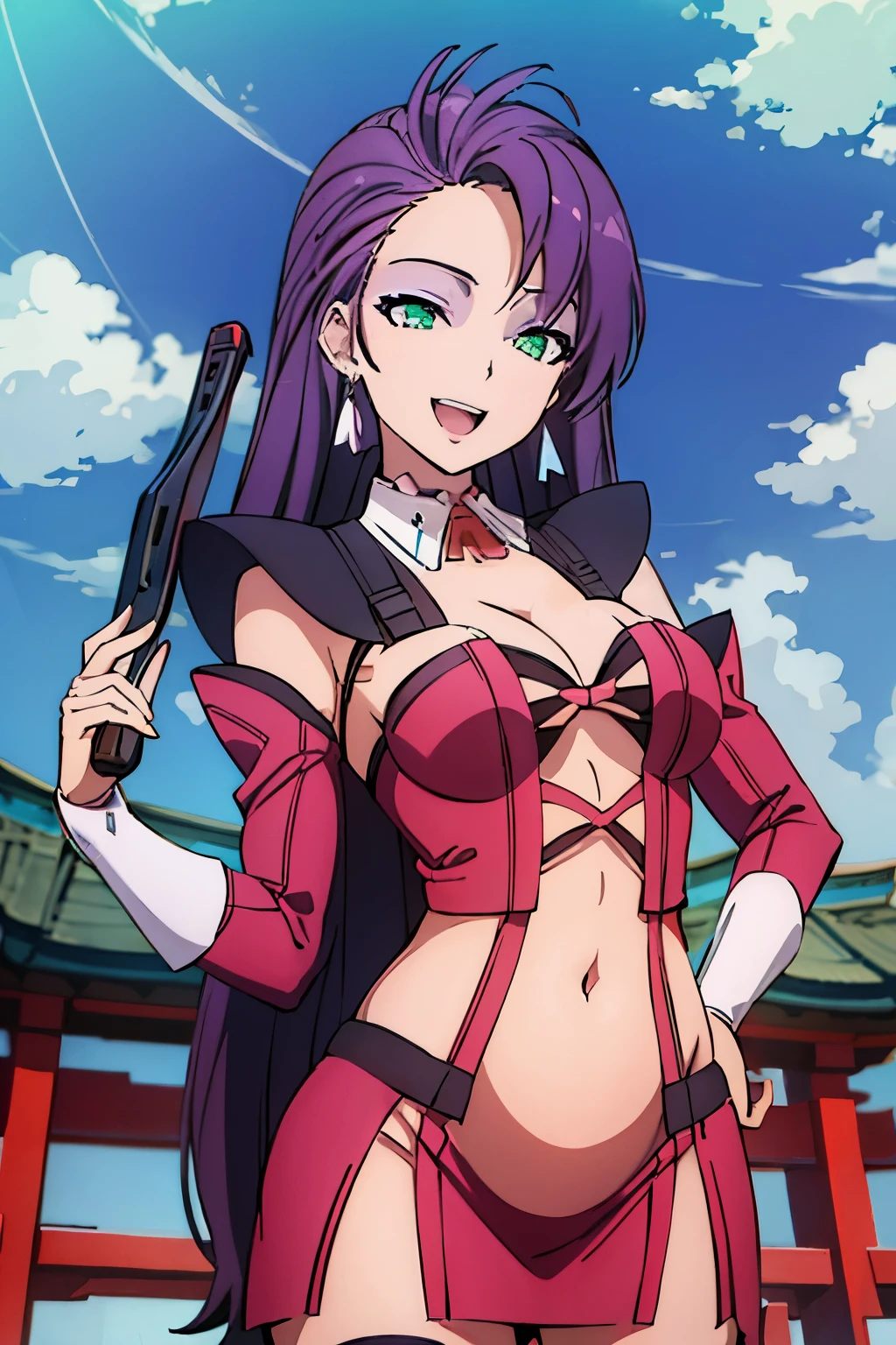 , 1girl, solo, dolce_synduality_noir, purple hair, green eyes, large breast, masterpiece, best quality, highly detailed, a anime girls in kimono dress with a sword posing for a
picture, bare shoulder,open kimono, evil smile, open mouth, crop top , (nsfw) not safe for work, smile,
ecchi anime style, anime girls, ecchi style, ecchi, digital anime art!!, in anime style, official artwork, visual
novel cg, beautiful anime girl, anime style 4 k, kimono pencil skirt, exposed belly, exposed navel,
exposed midriff, exposed lower belly, outdoor, japanese architecture, temple