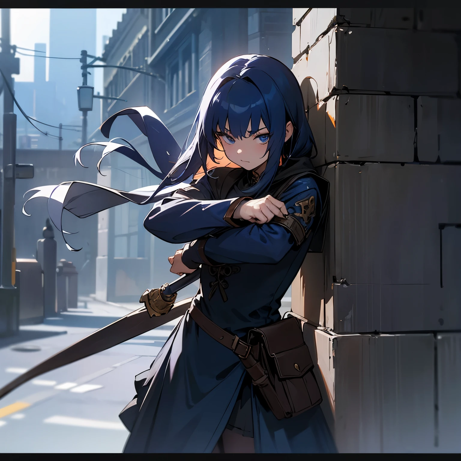 High resolution、masterpiece、fantasy、female、long eyes、No expression、assassin、Yoru、Fisting、dark blue costume almost black、Striking shading、standing pose、cowboy style、street corner at night、fantasy world city back alley