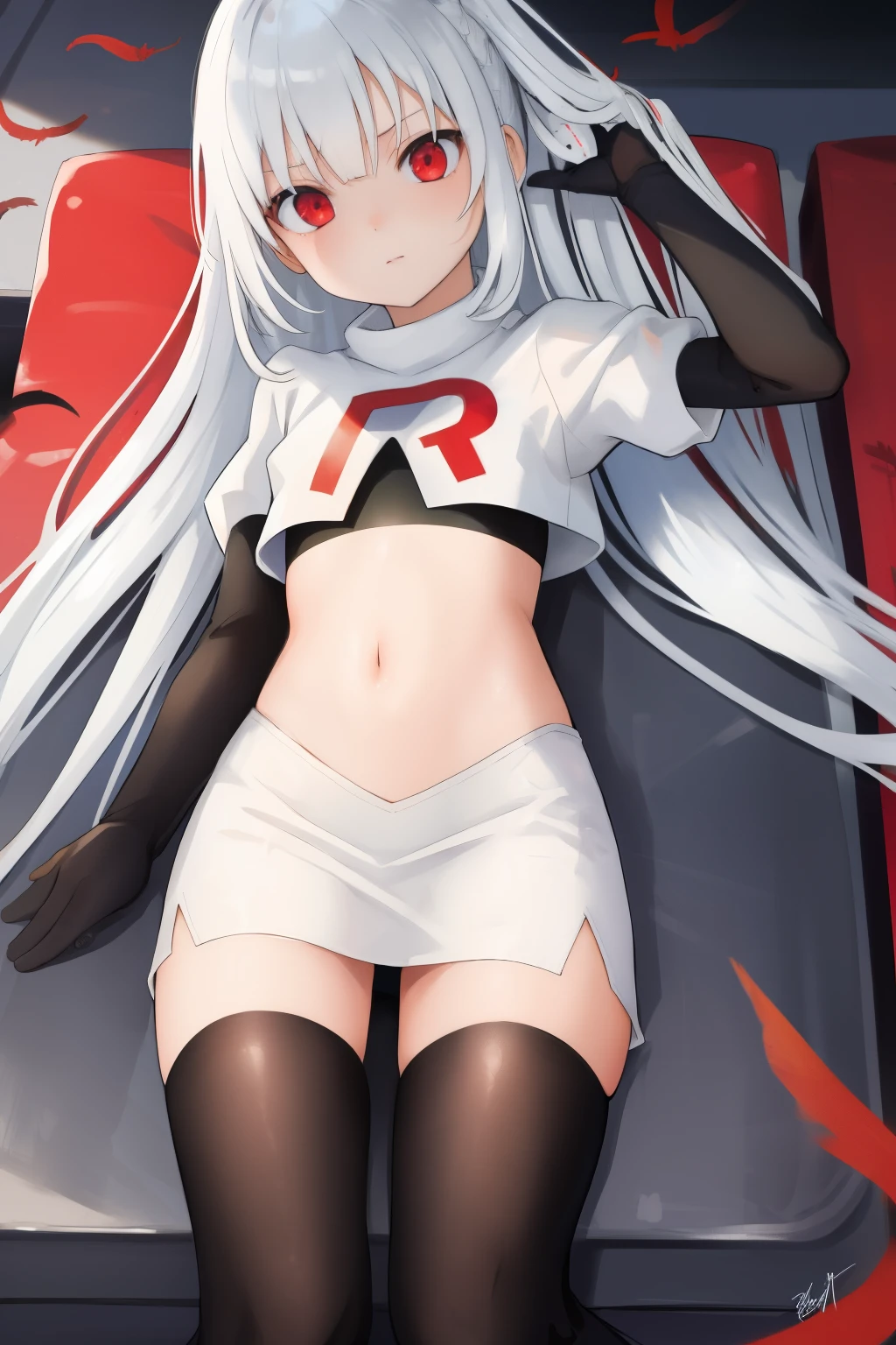 colorful hair,  (long hair),(((adult))) Lolita, shiny skin, shiny hair, hair ornament, black ribbon, small flat chest, visible through hair, hairs between eyes, cute, highlight hair, solo, fantasy, Gradient hair, white hair, apathy, black angel wings on back, black Feather, flying, (black metallic  wings ), Feather, flying, (iron wings), white hair, red eyes, team rocket,team rocket uniform,white skirt,red letter R,crop top,black thigh-highs,black elbow gloves