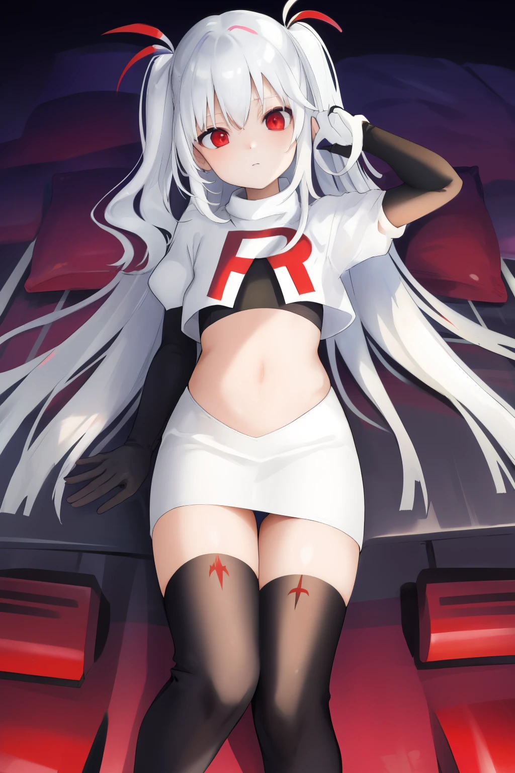 colorful hair, (long hair),(((adult))) ta, shiny skin, shiny hair, hair ornament, black ribbon, small flat chest, visible through hair, hairs between eyes, cute, highlight hair, solo, fantasy, Gradient hair, white hair, apathy, black angel wings on back, black Feather, flying, (black metallic wings ), Feather, flying, (iron wings), white hair, red eyes, team rocket,team rocket uniform,white skirt,red letter R,crop top,black thigh-highs,black elbow gloves