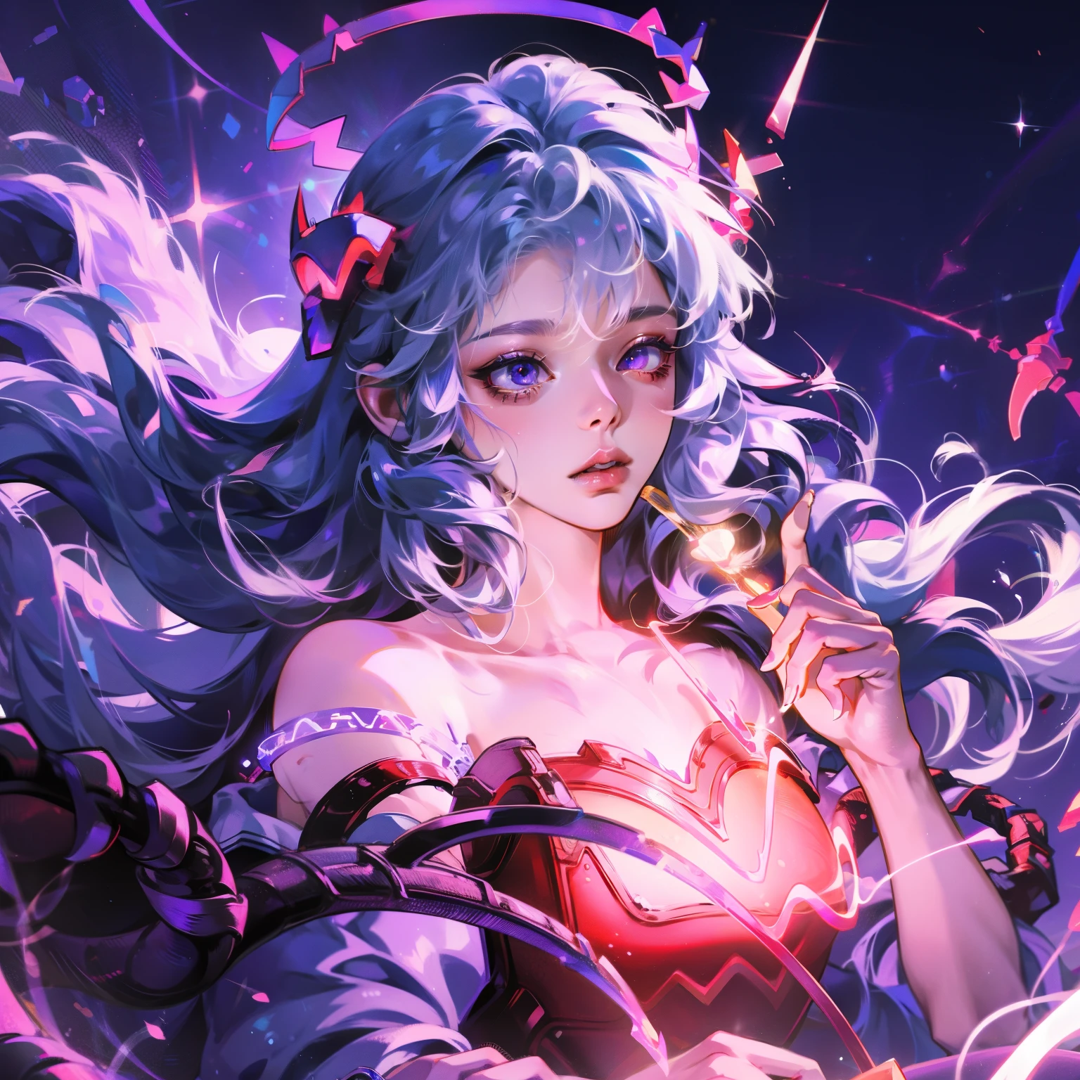 1 girl,high resolution, high quality, masterpiece, mxmk white dress, bare shoulders, purple eyes, white dress, braid,gold eye shadow,crimson pupils,
