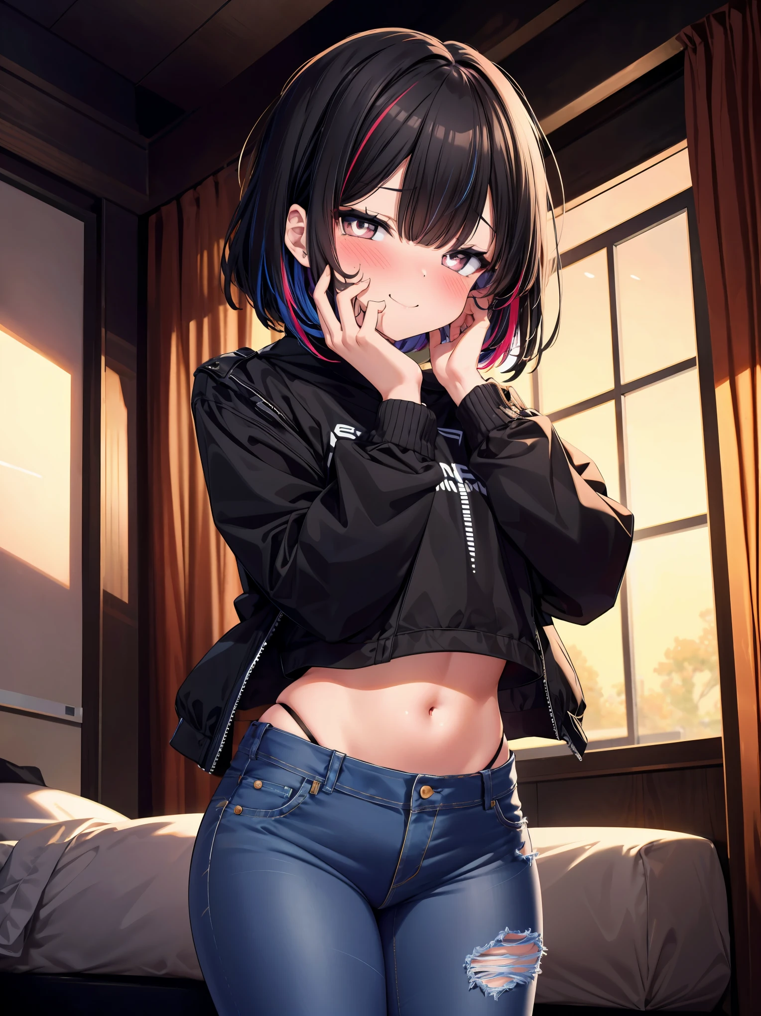 adult, 1 woman, toned body, medium breasts, wide hips, black hair, streaked hair, short hair, bangs, yandere, sadistic smile, grinning, glowing eyes, heart-shaped pupils, full-face blush, (blush:1.2), cropped jacket, (black crop top), (highleg panties:1.2), (denim jeans:1.4), (hands on own cheeks:1.4), looking at the viewer, upturned eyes, bright eyes, (shaded face:1.4), glowing eyes, head tilt, side view, bedroom scenery, dim lighting, night, best quality, ultra-high resolution, depth of field:1.2, (cowboy shot)
